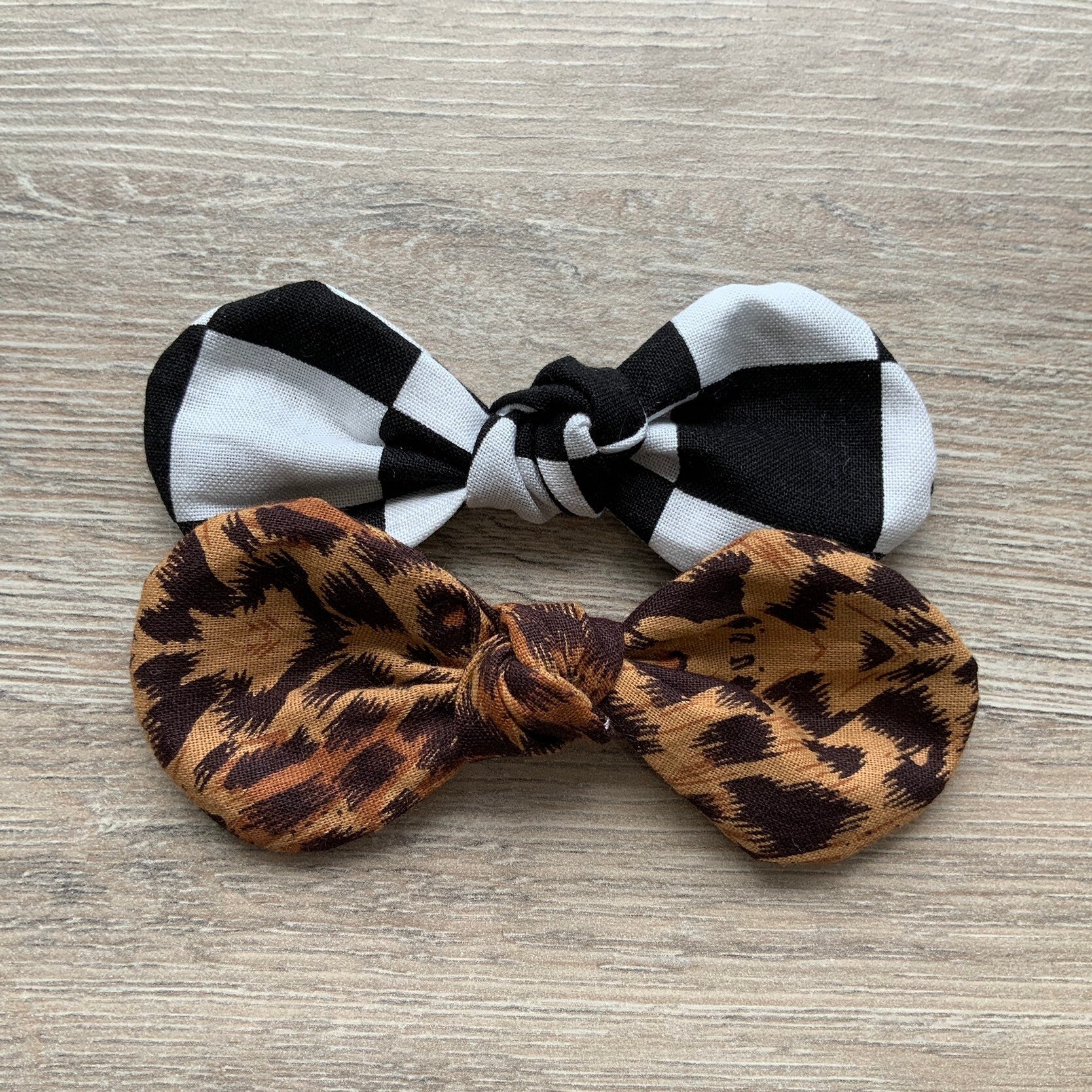 Checkered & Leopard Dog Bow Clip, Handmade Cotton Hair Accessory