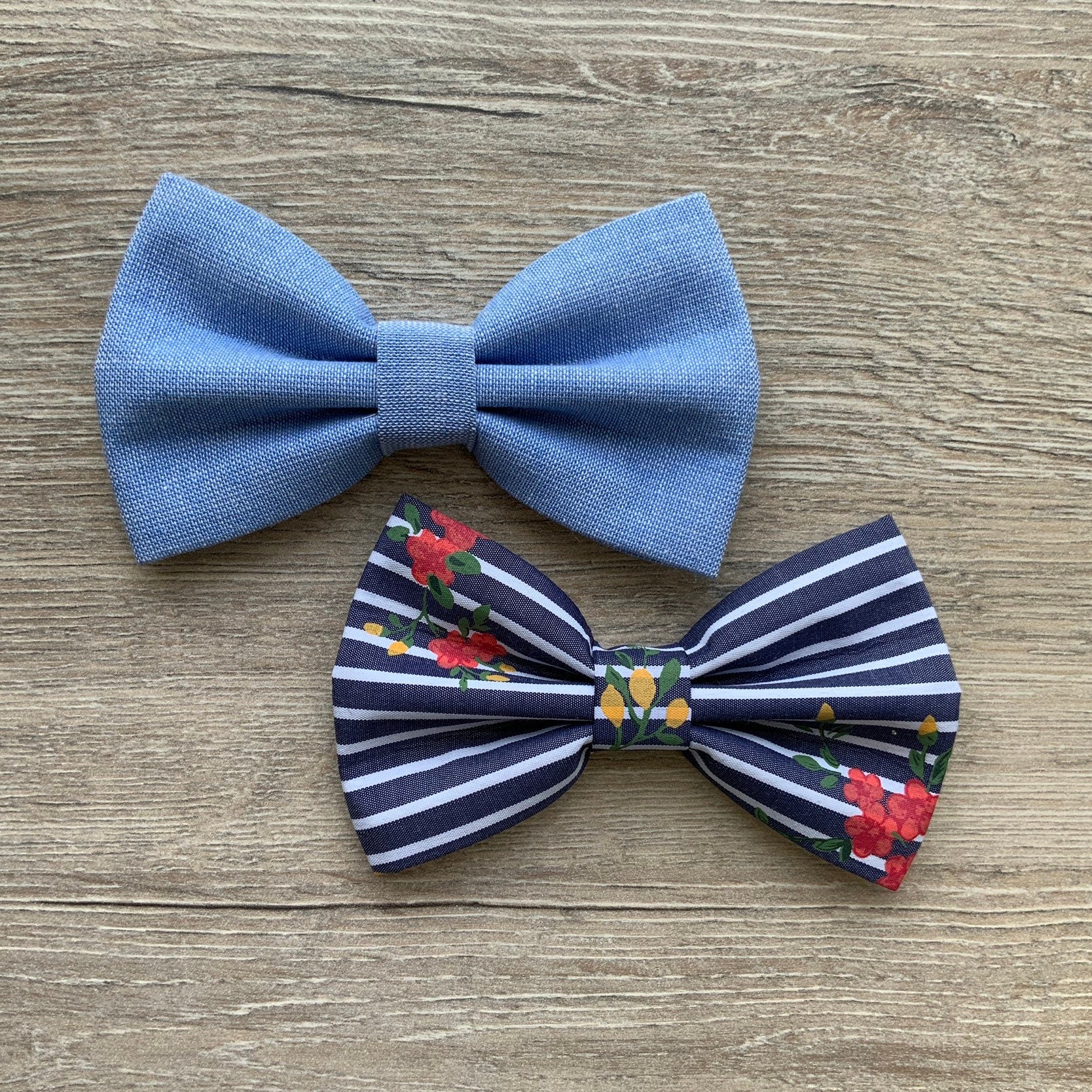Denim and Navy Striped Dog Bowtie, Checks Pet Collar Accessory