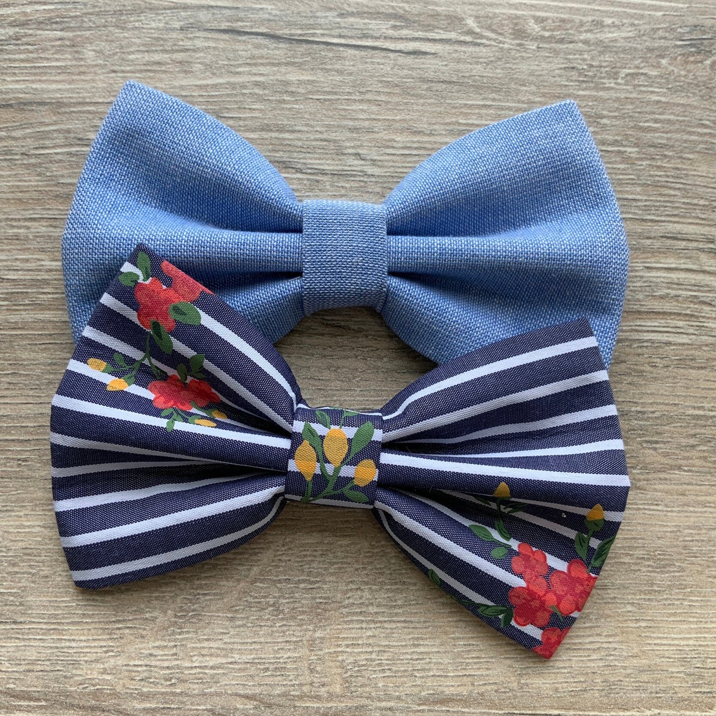 Denim and Navy Striped Dog Bowtie, Checks Pet Collar Accessory