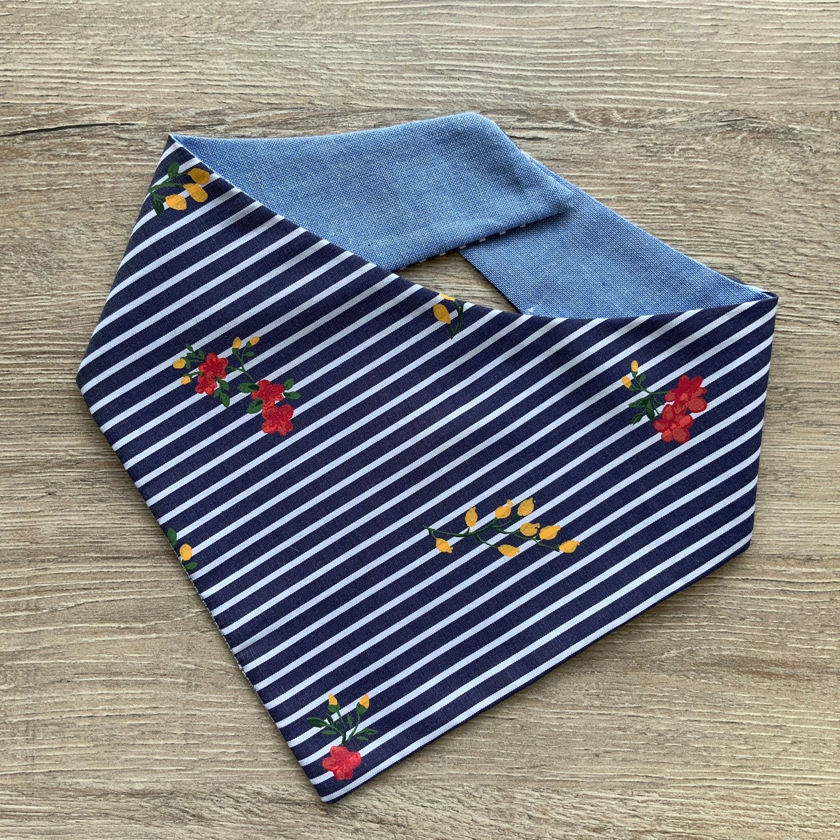 Denim Blue Striped Dog Bandana, Floral Pet Scarf, Reversible Tie or Snap