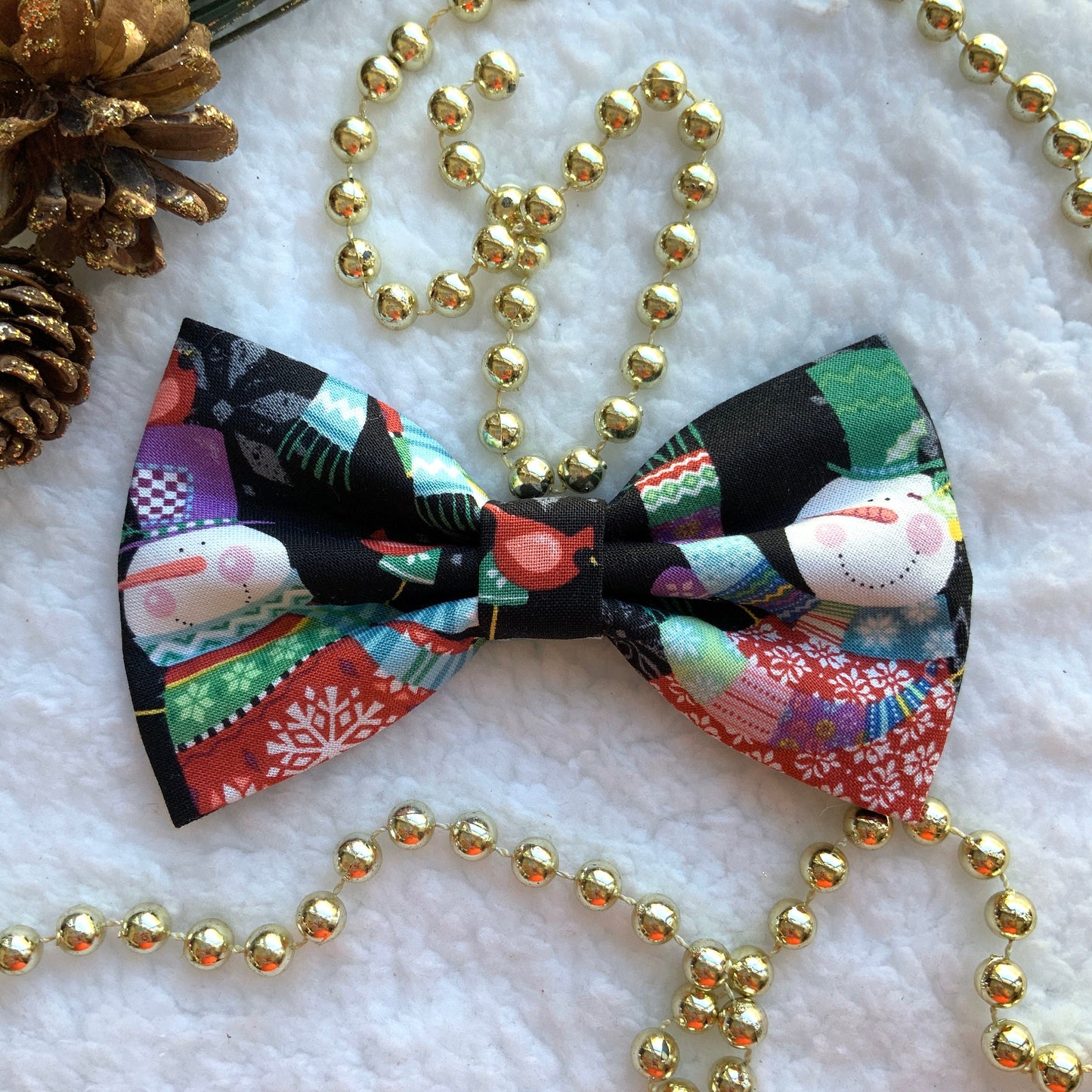 Snowman Christmas Dog Bowtie, Holiday Pet Collar Accessory