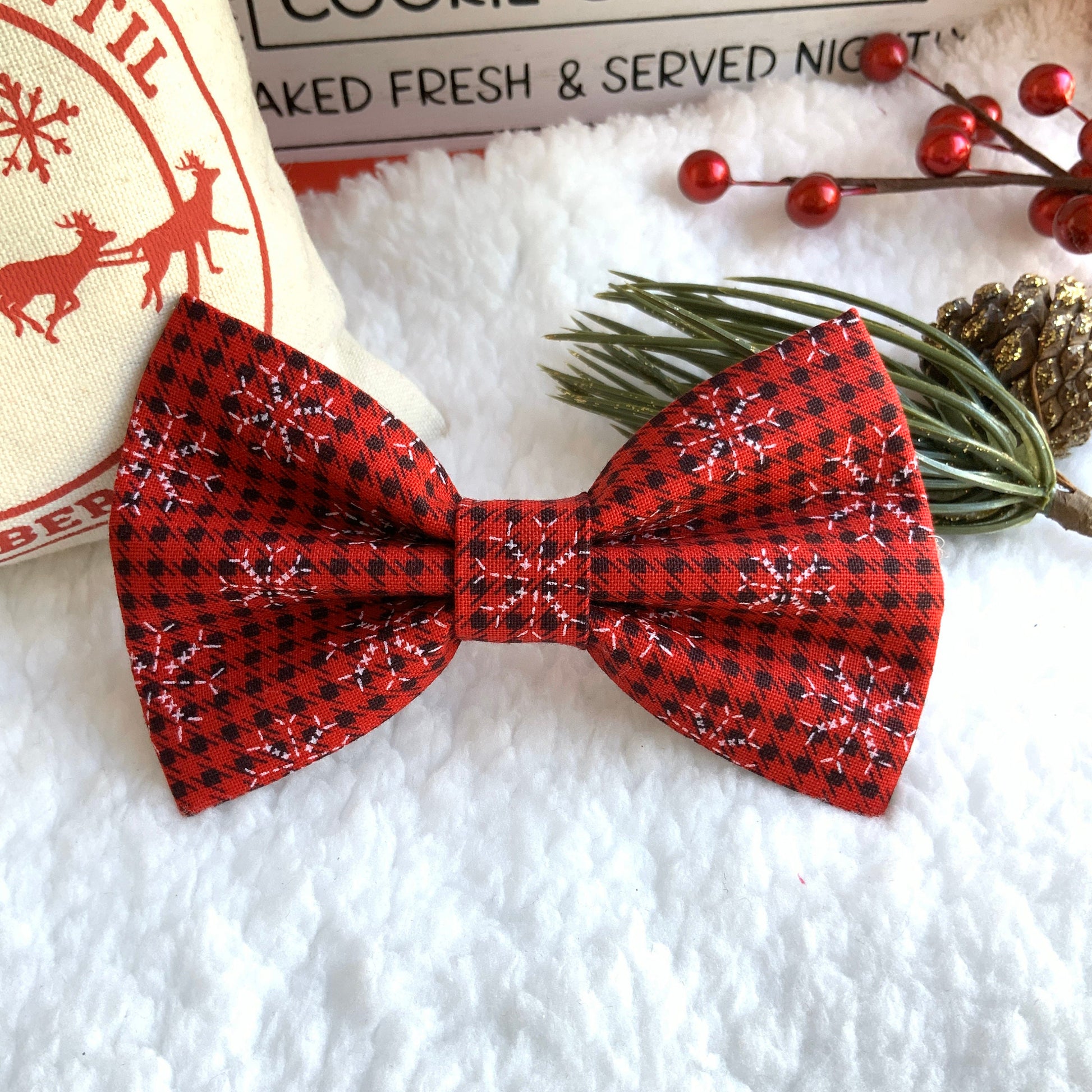 Christmas dog bowtie, Red plaid snowflake Xmas bOwtie