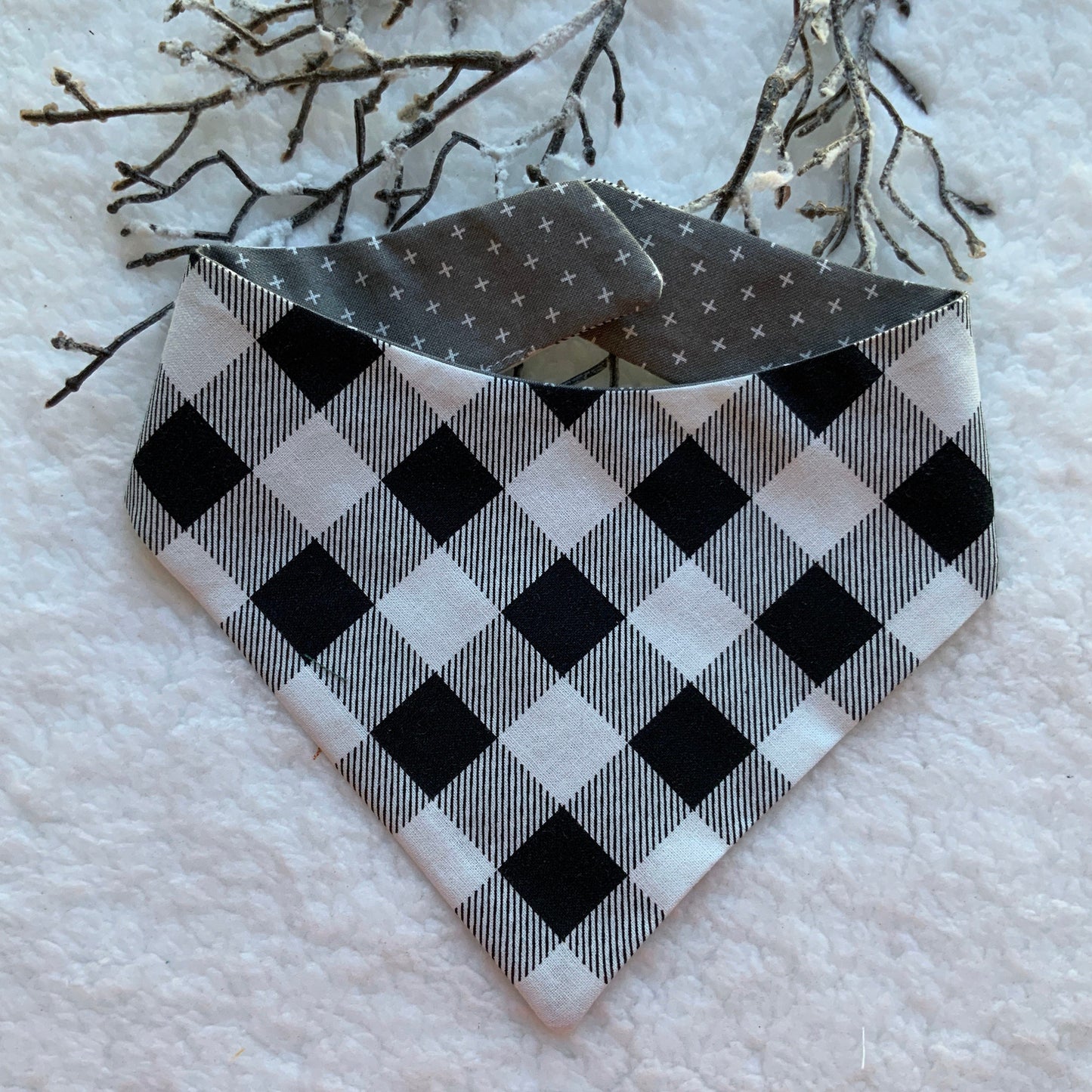 Christmas Dog Bandana, Black and White Check, Pet Scarf, snaps on bandana, tie on, reversible bandana, pompom bandana, pet bandana