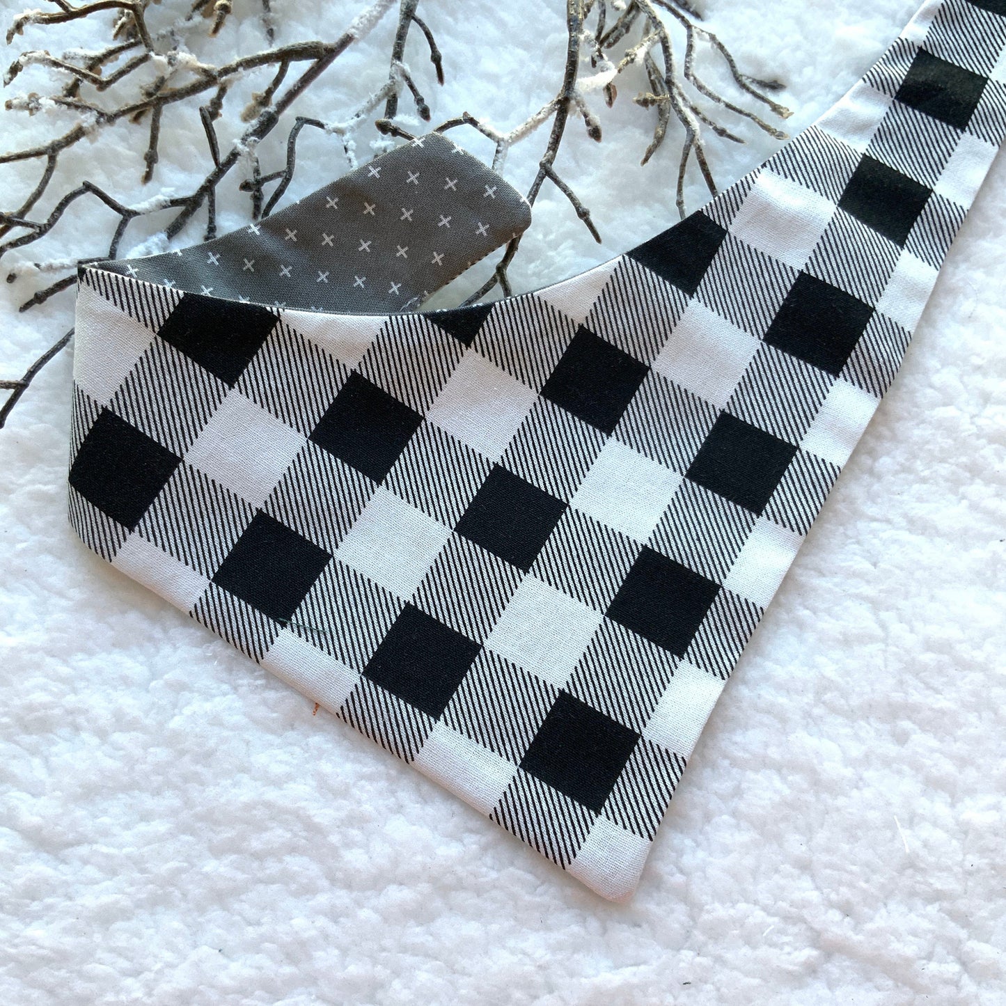 Christmas Dog Bandana, Black and White Check, Pet Scarf, snaps on bandana, tie on, reversible bandana, pompom bandana, pet bandana