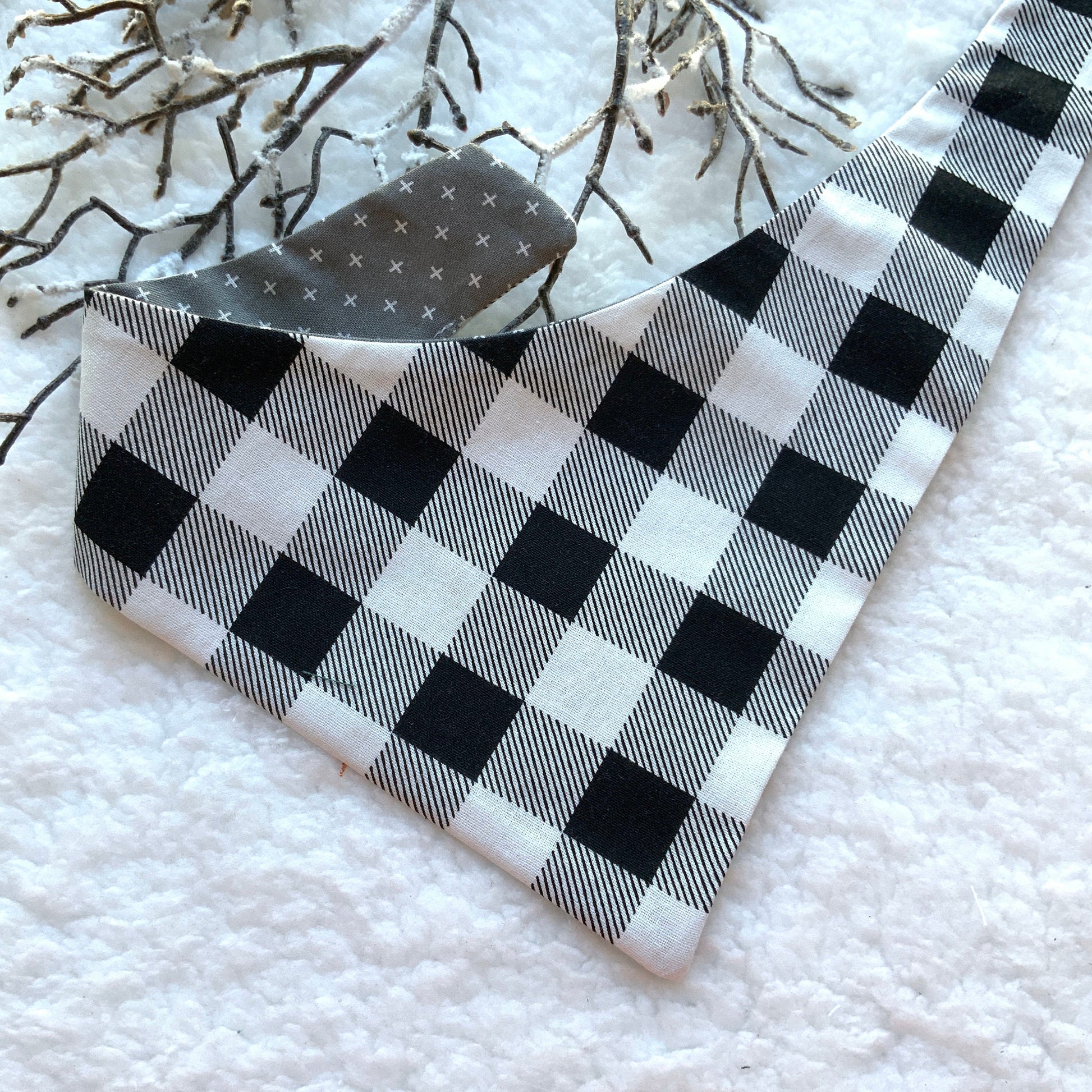 Christmas Dog Bandana, Black and White Check, Pet Scarf, snaps on bandana, tie on, reversible bandana, pompom bandana, pet bandana