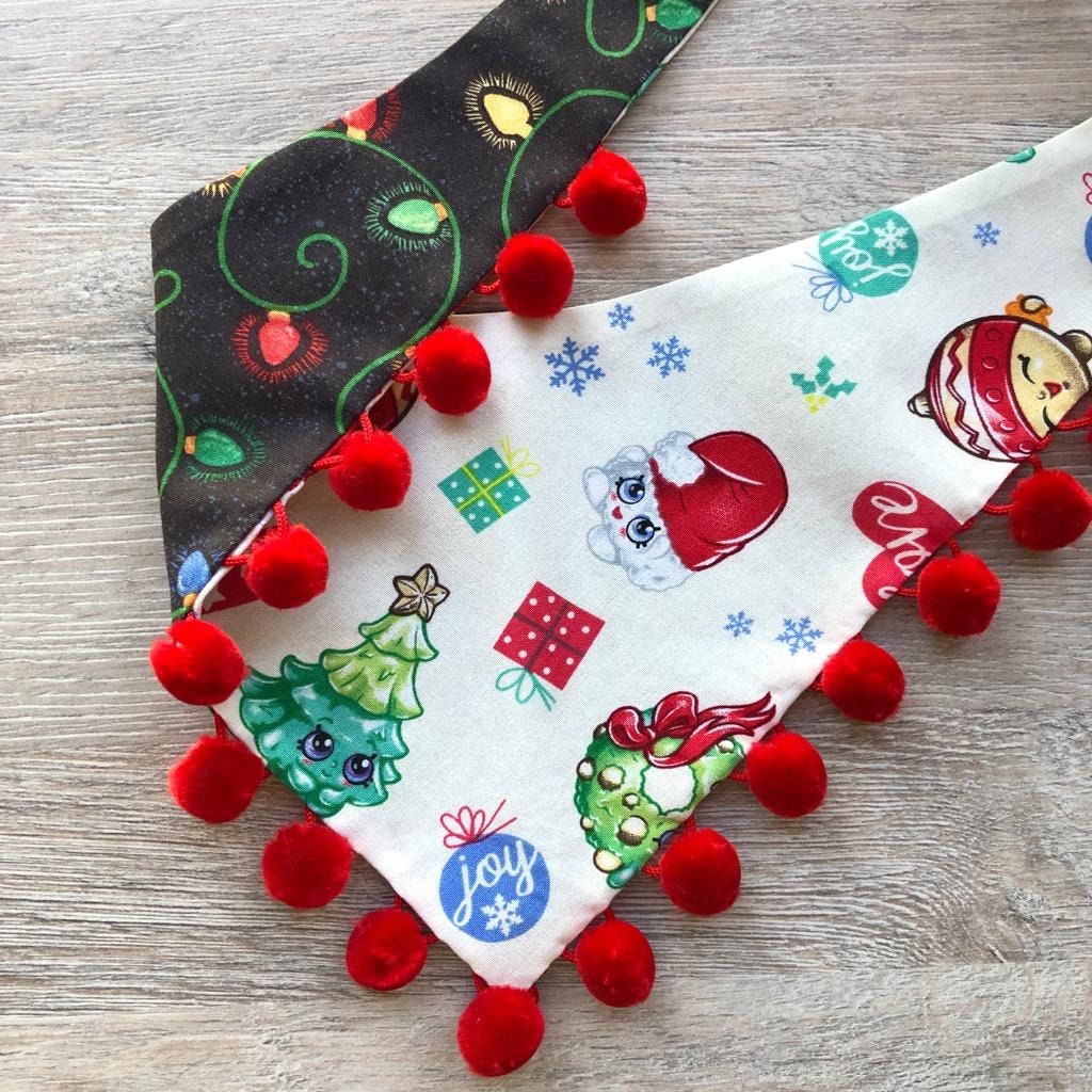 New! Christmas Dog Bandana, Christmas Light, Ornament cartoons, reversible bandana, pompom bandana, pet bandana,