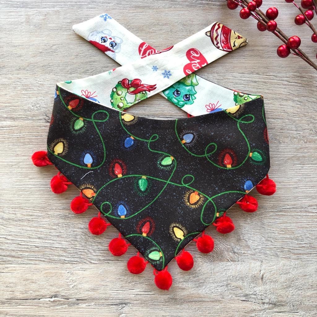 New! Christmas Dog Bandana, Christmas Light, Ornament cartoons, reversible bandana, pompom bandana, pet bandana,