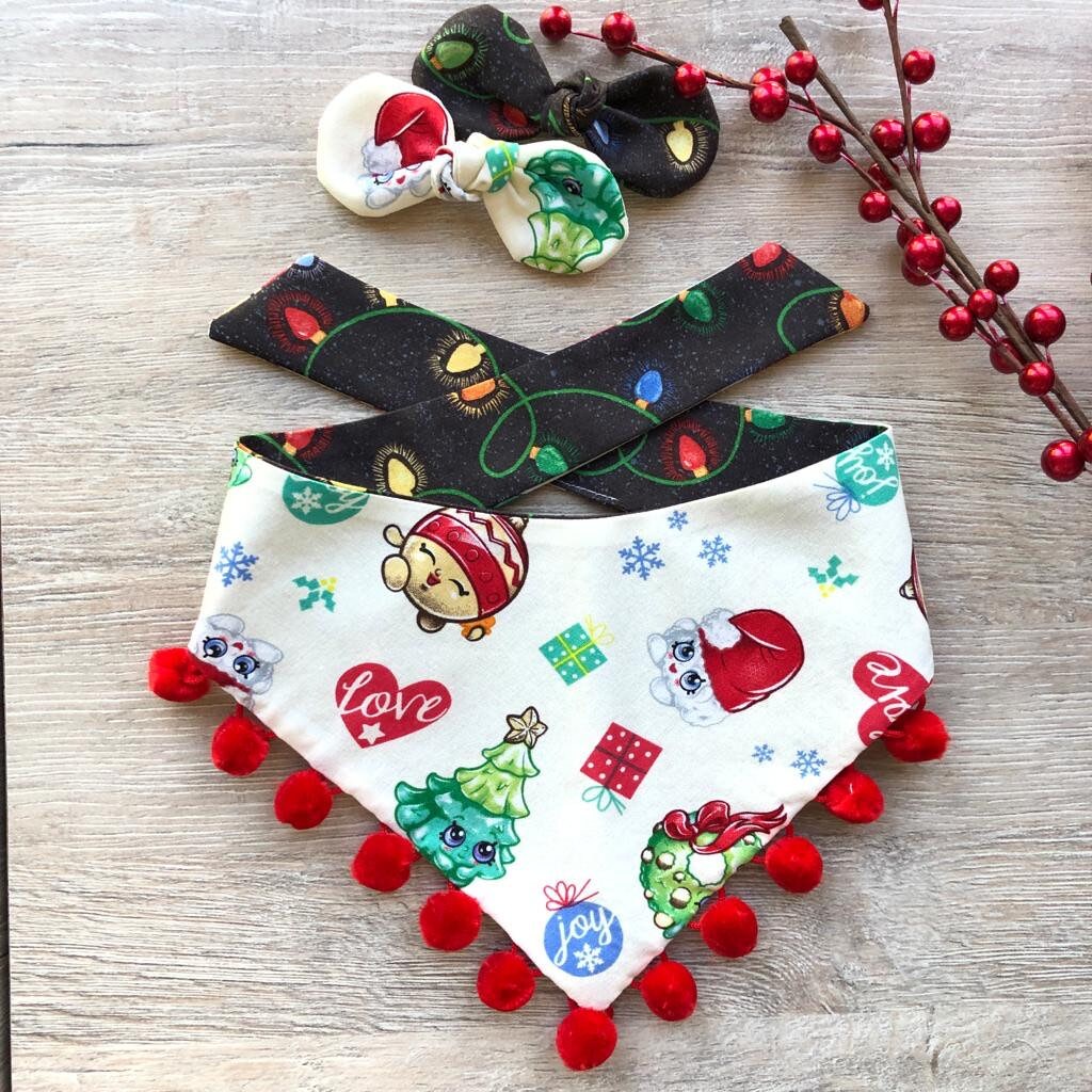 New! Christmas Dog Bandana, Christmas Light, Ornament cartoons, reversible bandana, pompom bandana, pet bandana,