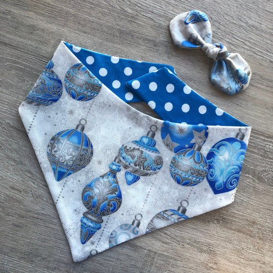 New! Ornaments Christmas Dog Bandana, Christmas Ornaments, Plaid bandana, reversible bandana, pompom bandana, pet bandana, blue potka