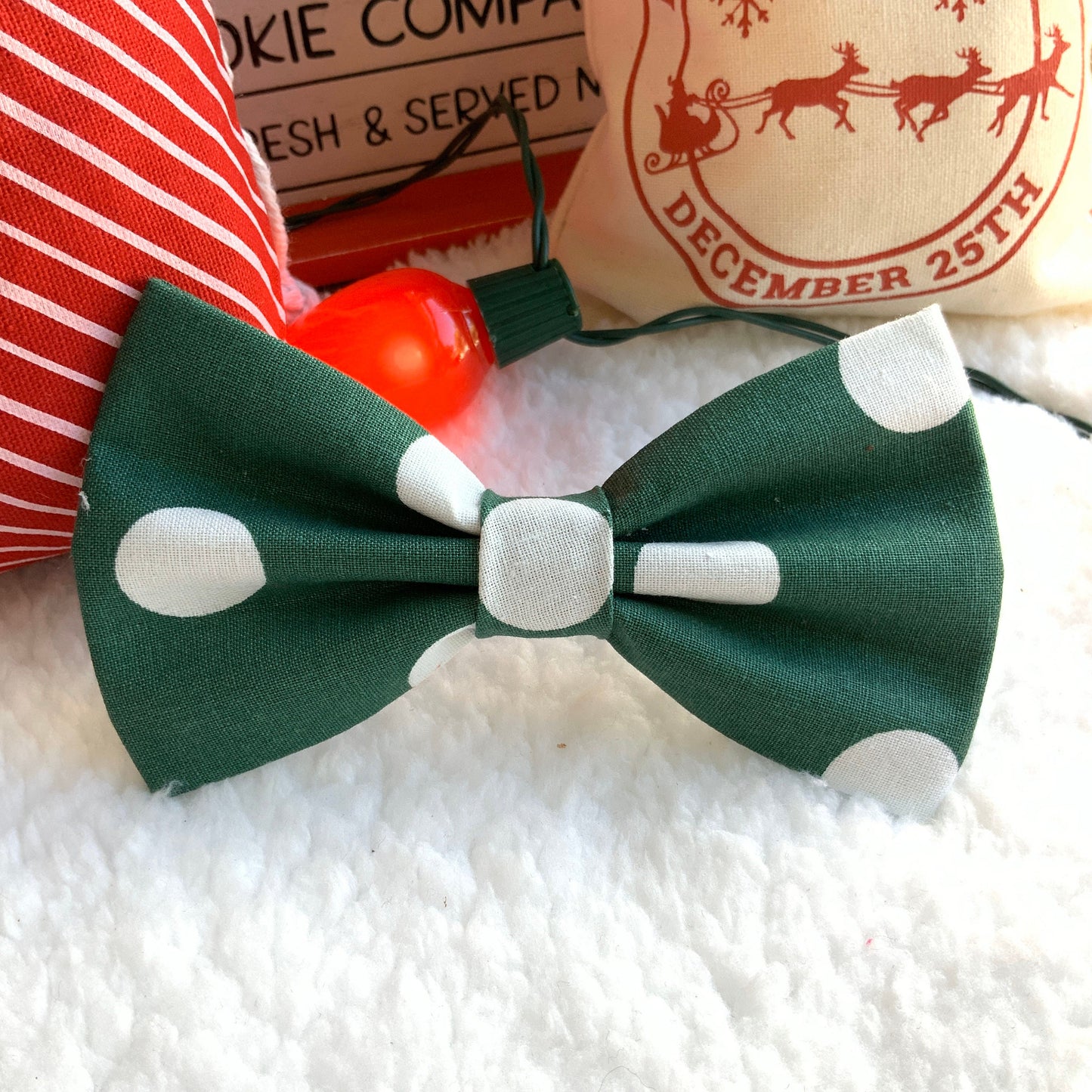 Christmas Dog Bowtie, Green Polka Dot Pet Bow Tie, Dog Collar Accessory