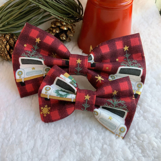 Christmas Plaid Dog Bowtie, White Truck, Pet Collar Accessory
