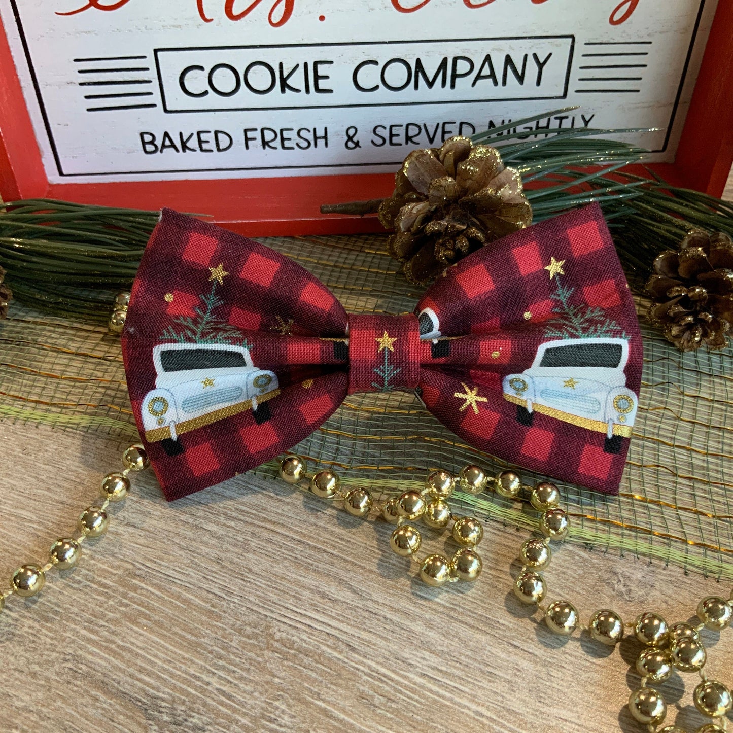 Christmas Plaid Dog Bowtie, White Truck, Pet Collar Accessory