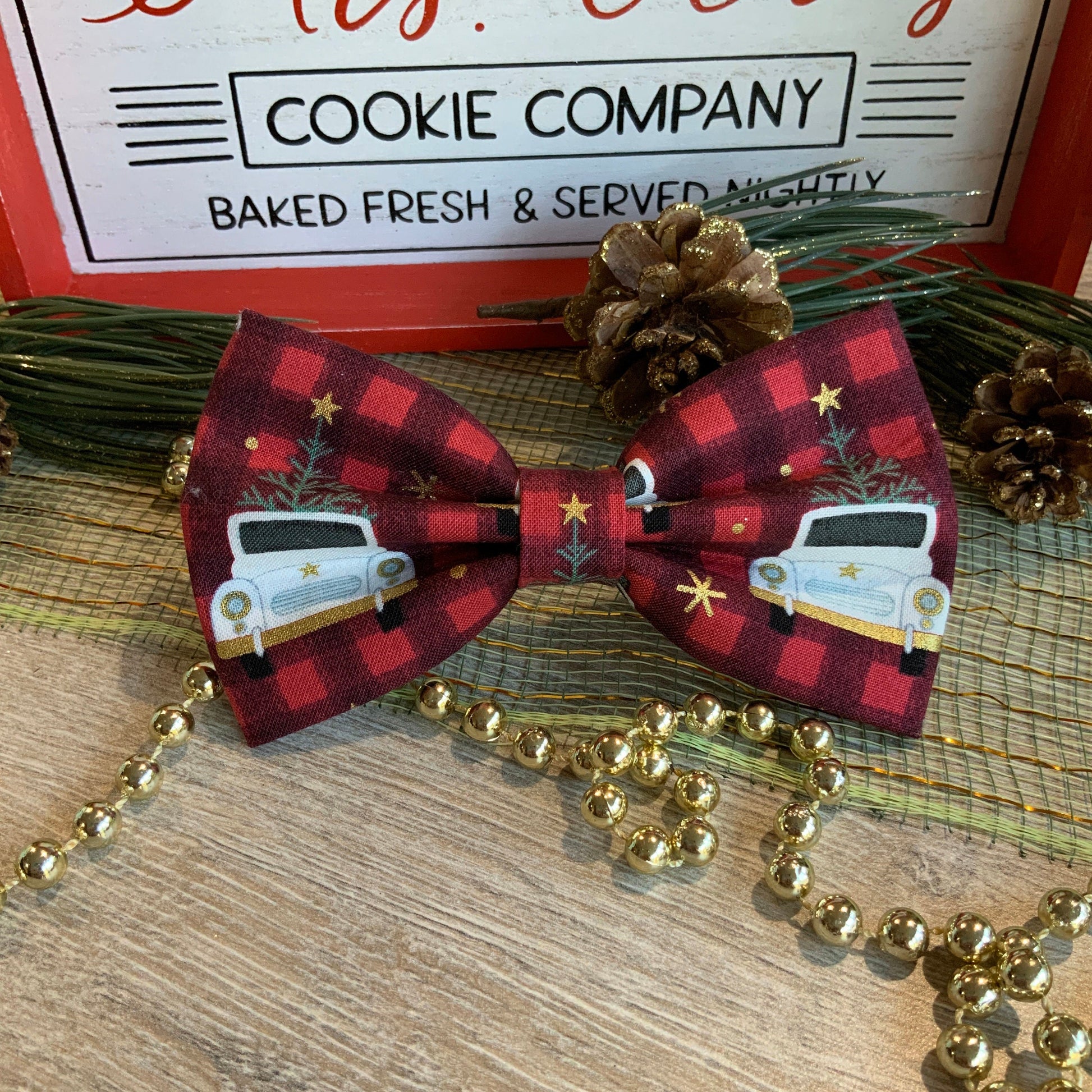 Christmas Plaid Dog Bowtie, White Truck, Pet Collar Accessory
