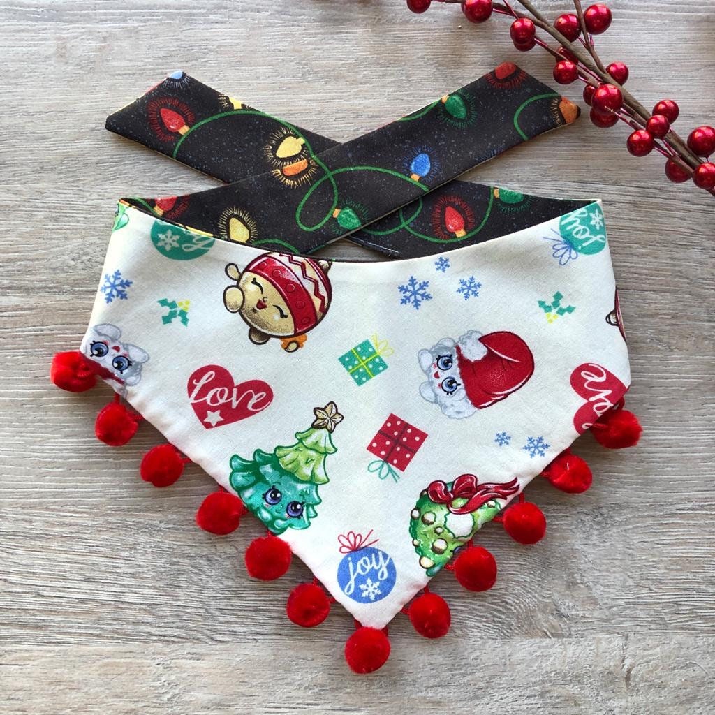 New! Christmas Dog Bandana, Christmas Light, Ornament cartoons, reversible bandana, pompom bandana, pet bandana,