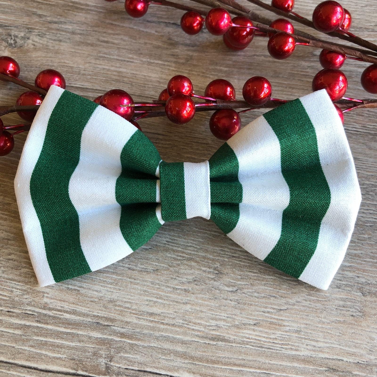 Christmas dog bowtie, Holiday bow tie green stripe