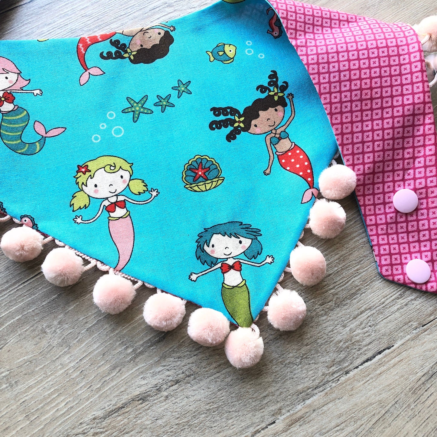 Mermaid Dog Bandana, Reversible Pet Scarf with Pom Poms