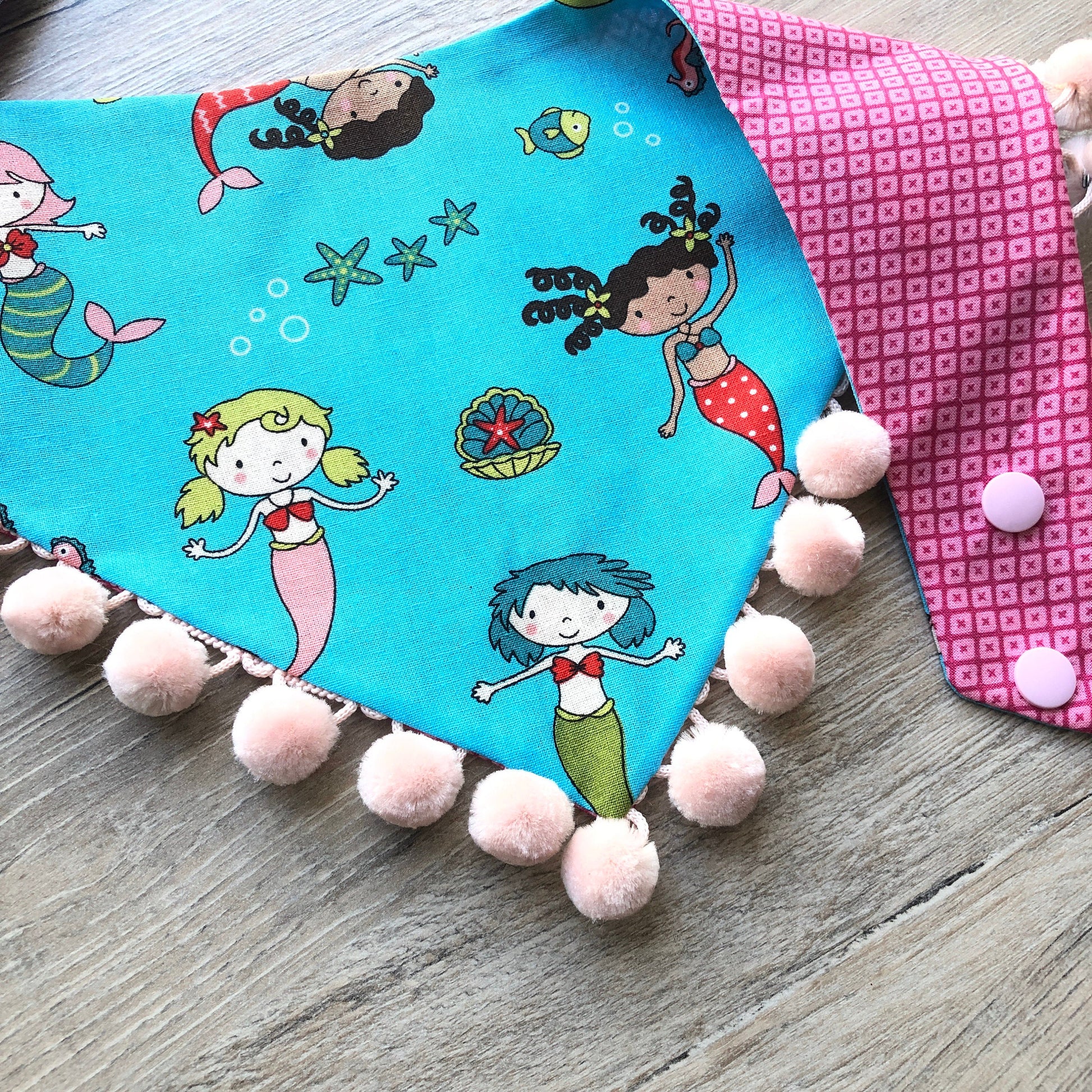 Mermaid Dog Bandana, Reversible Pet Scarf with Pom Poms