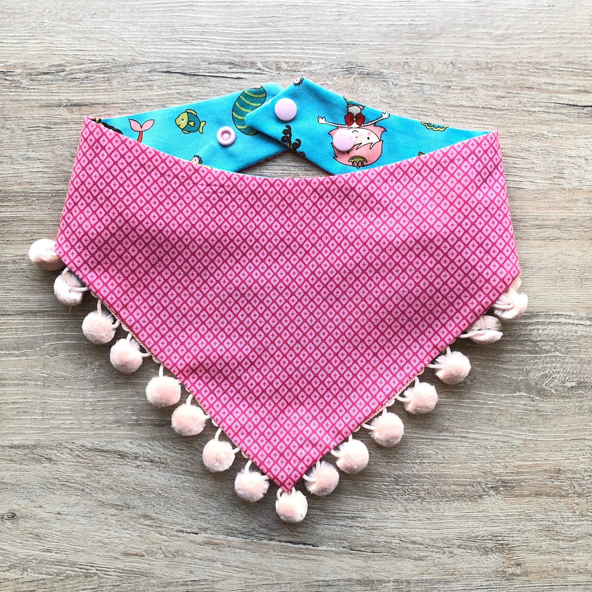 Mermaid Dog Bandana, Reversible Pet Scarf with Pom Poms