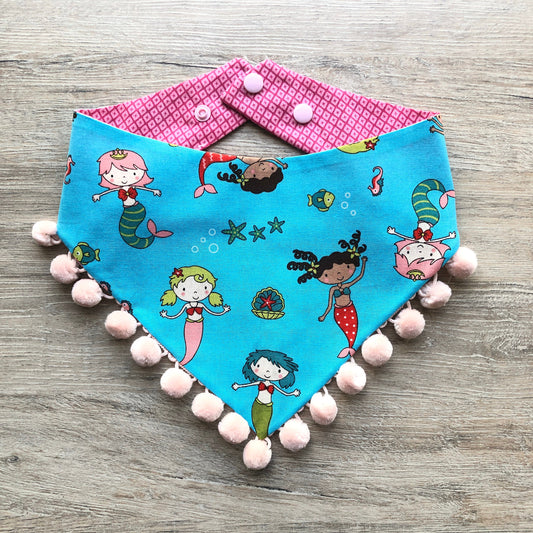 Mermaid Dog Bandana, Reversible Pet Scarf with Pom Poms
