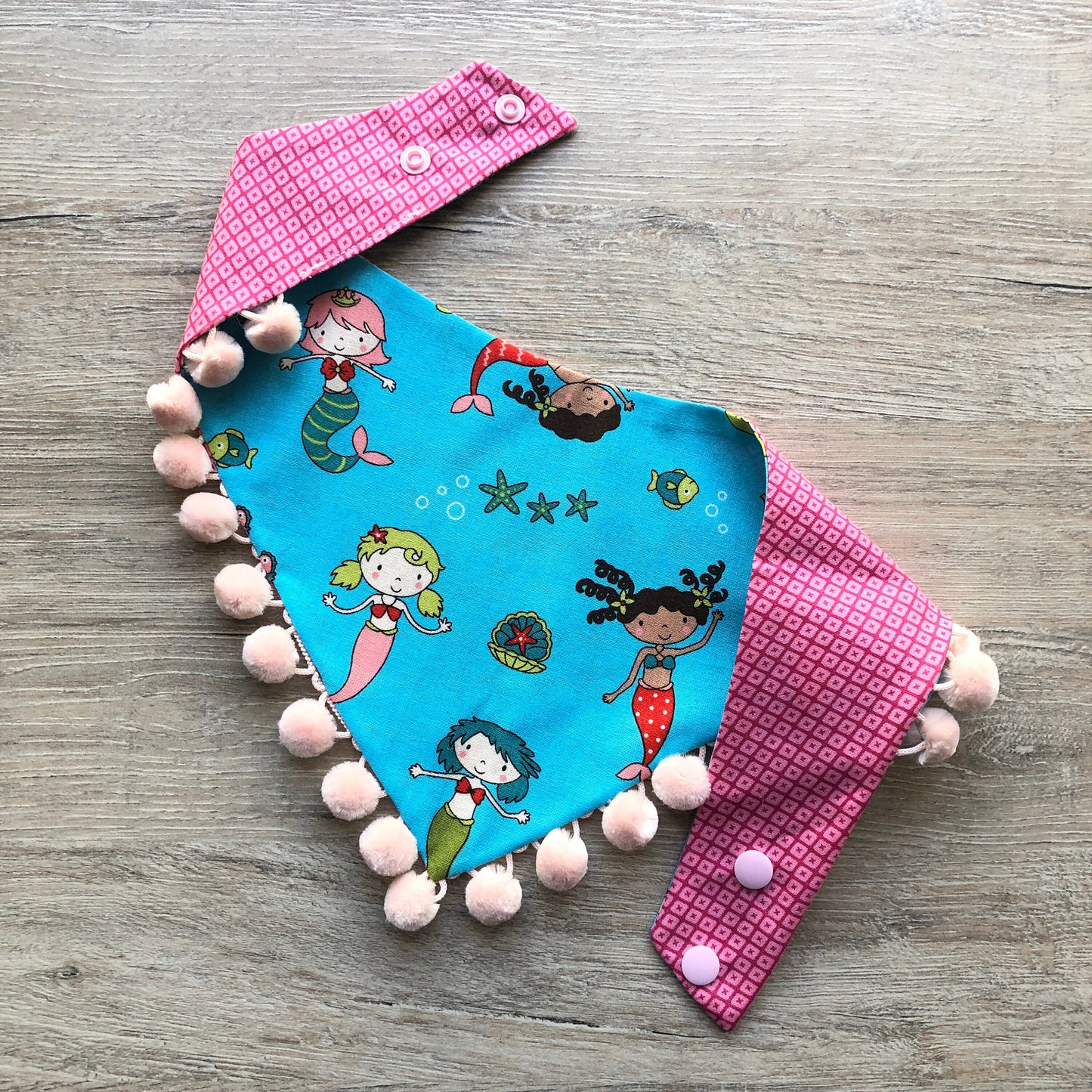 Mermaid Dog Bandana, Reversible Pet Scarf with Pom Poms