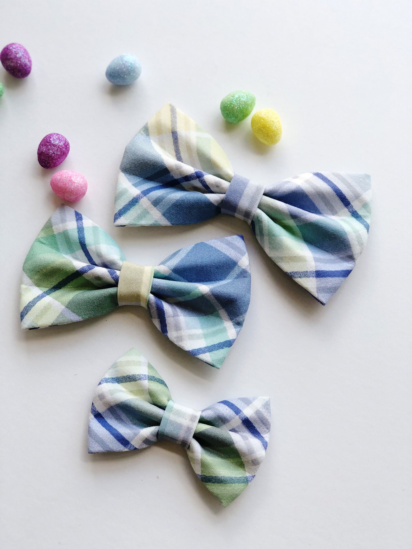 Easter dog bowtie, Pastel blue plaid,
