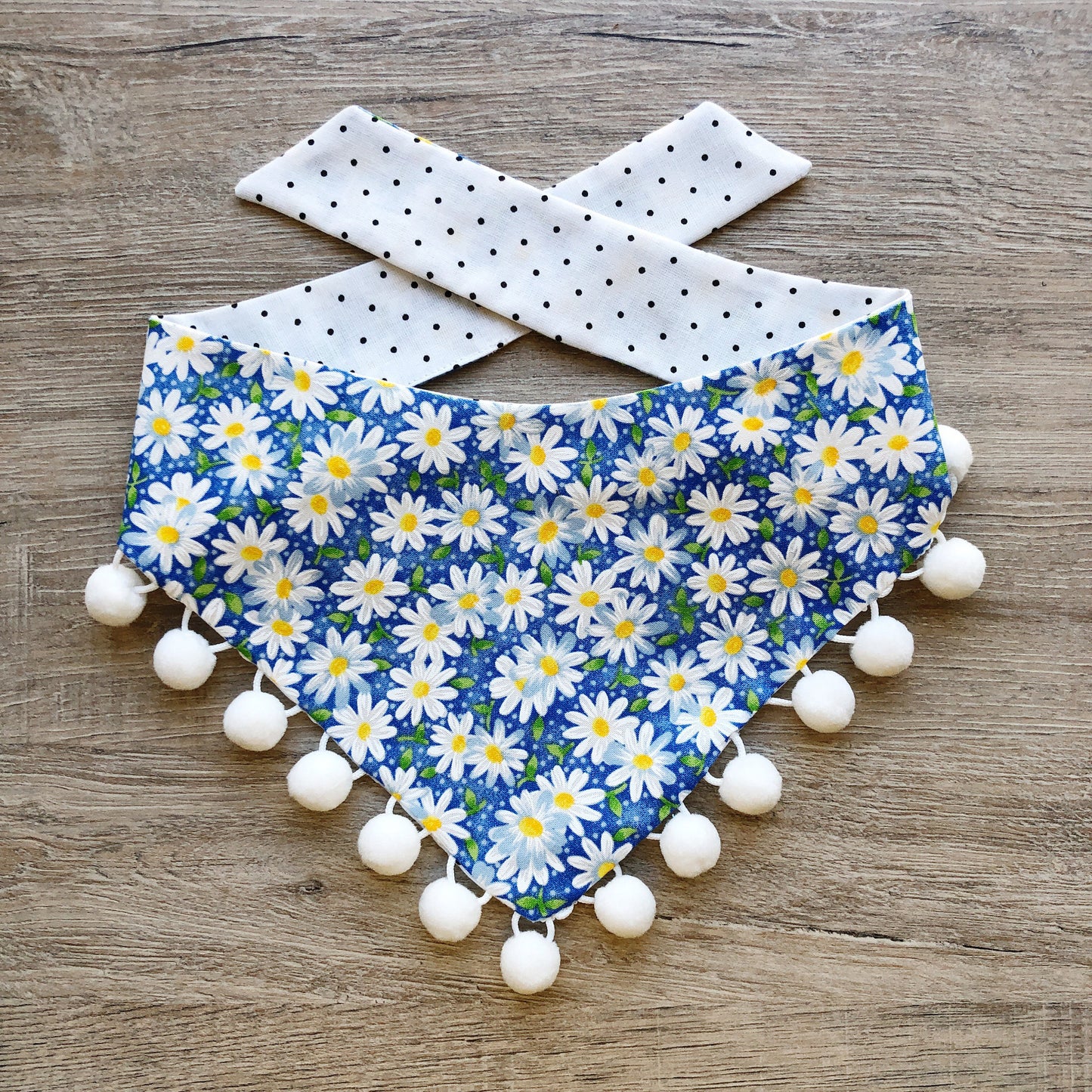 Daisy Flower Blue Dog Bandana, Reversible Pet Scarf, Snap or Tie
