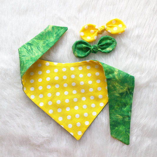 Reversible Dog Bandana, Yellow Polka Dot, Green Tie On, Spring Accessory