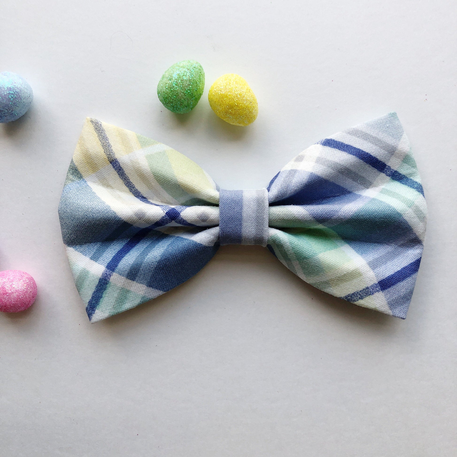 Easter dog bowtie, Pastel blue plaid,