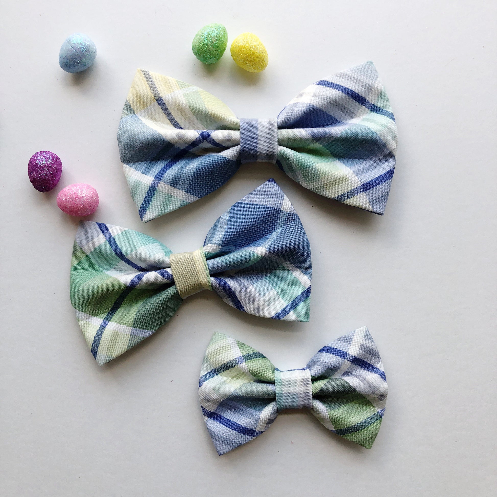 Easter dog bowtie, Pastel blue plaid,
