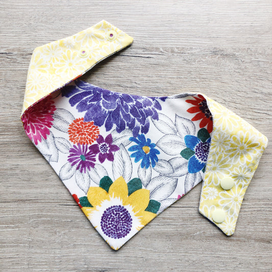 Floral and Yellow Dog Bandana, Pet Scarf, snaps on, tie on, Season bandana, spring bandana, pom pom bandana, pet bandana