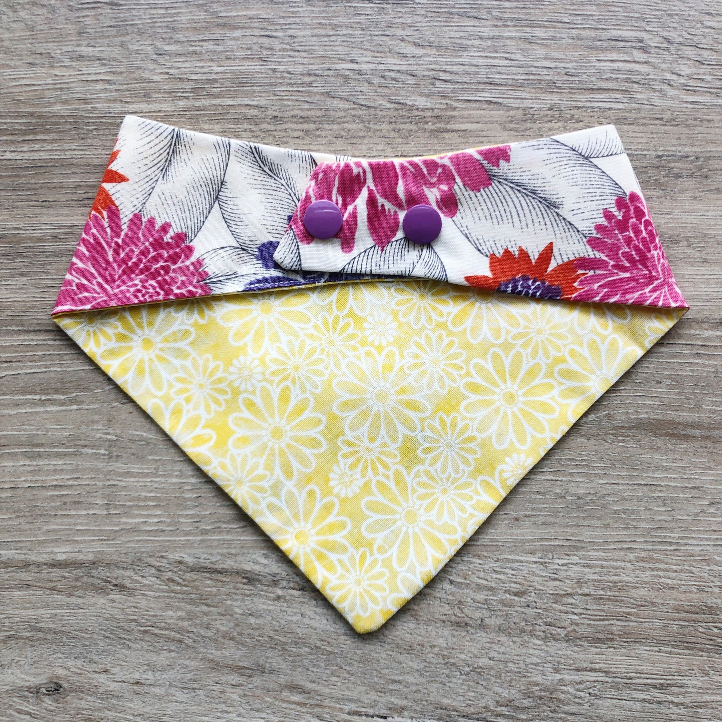 Floral and Yellow Dog Bandana, Pet Scarf, snaps on, tie on, Season bandana, spring bandana, pom pom bandana, pet bandana