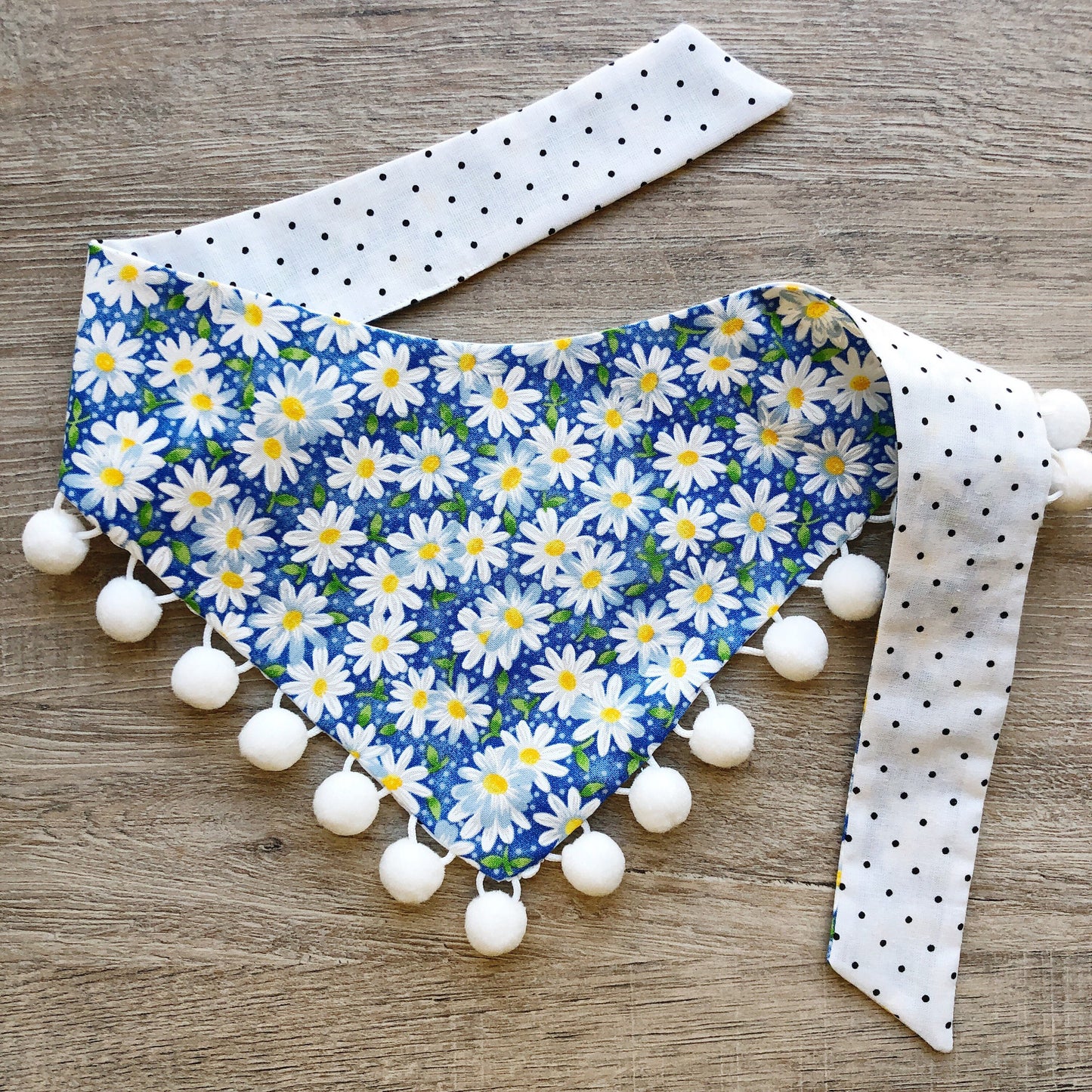 Daisy Flower Blue Dog Bandana, Reversible Pet Scarf, Snap or Tie