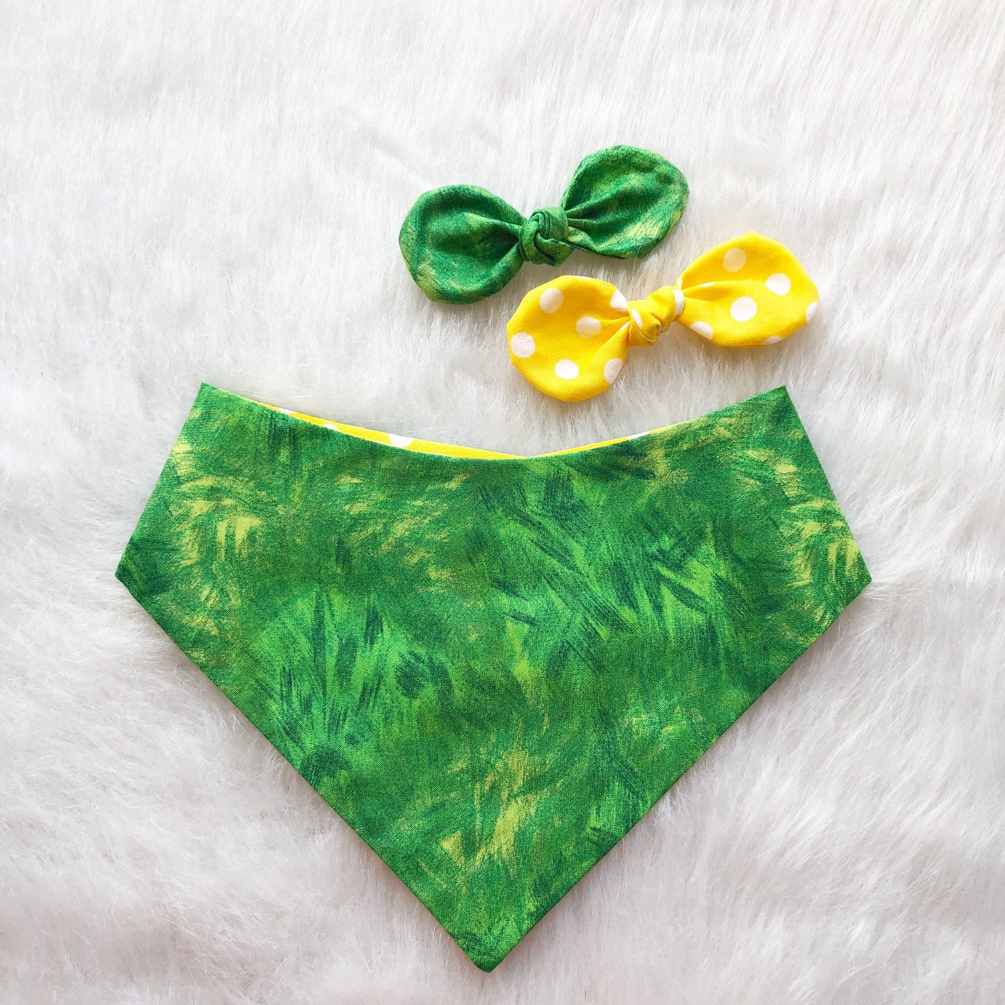 Reversible Dog Bandana, Yellow Polka Dot, Green Tie On, Spring Accessory