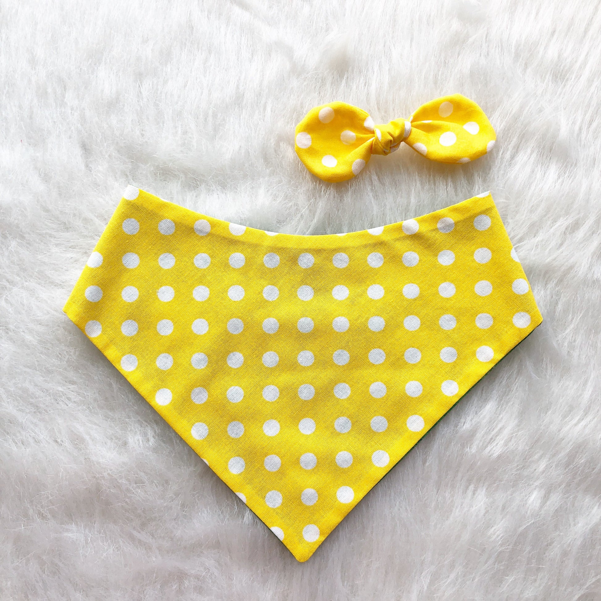 Reversible Dog Bandana, Yellow Polka Dot, Green Tie On, Spring Accessory