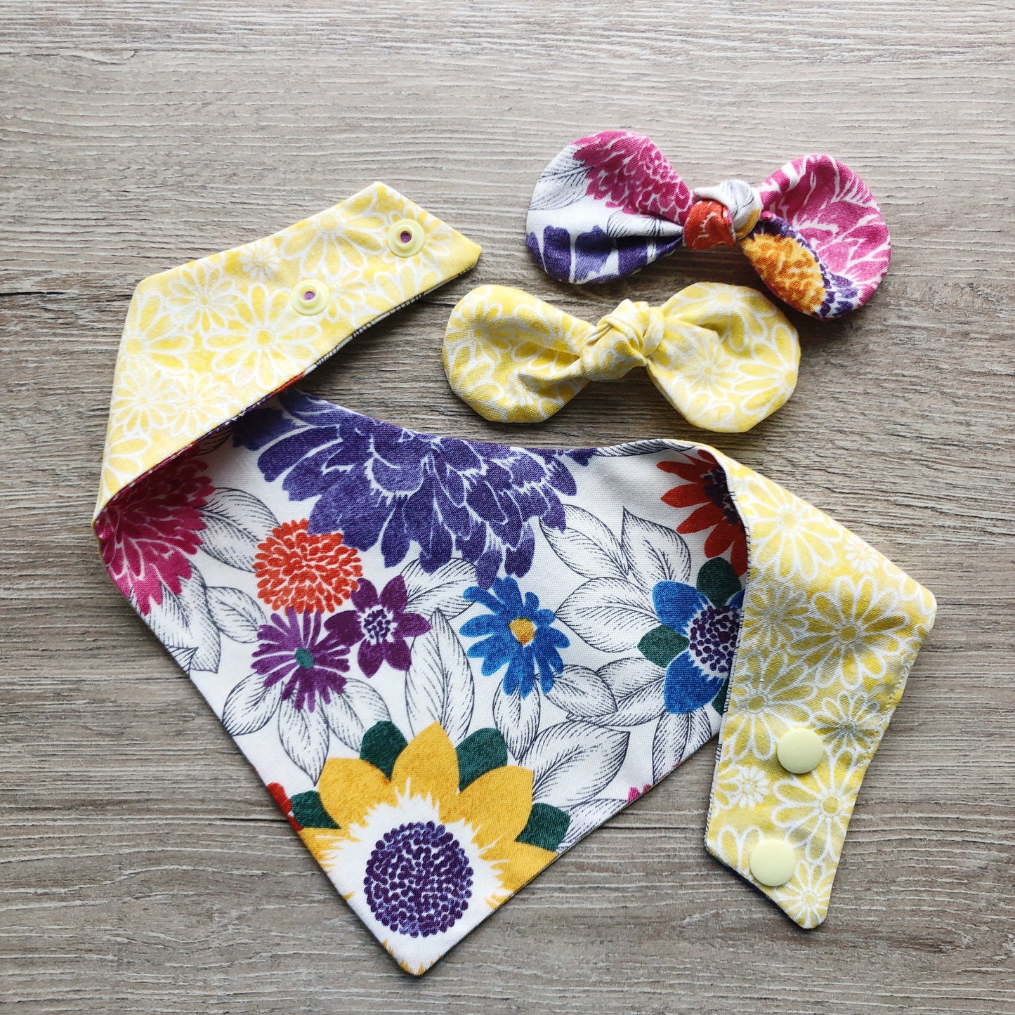 Floral and Yellow Dog Bandana, Pet Scarf, snaps on, tie on, Season bandana, spring bandana, pom pom bandana, pet bandana