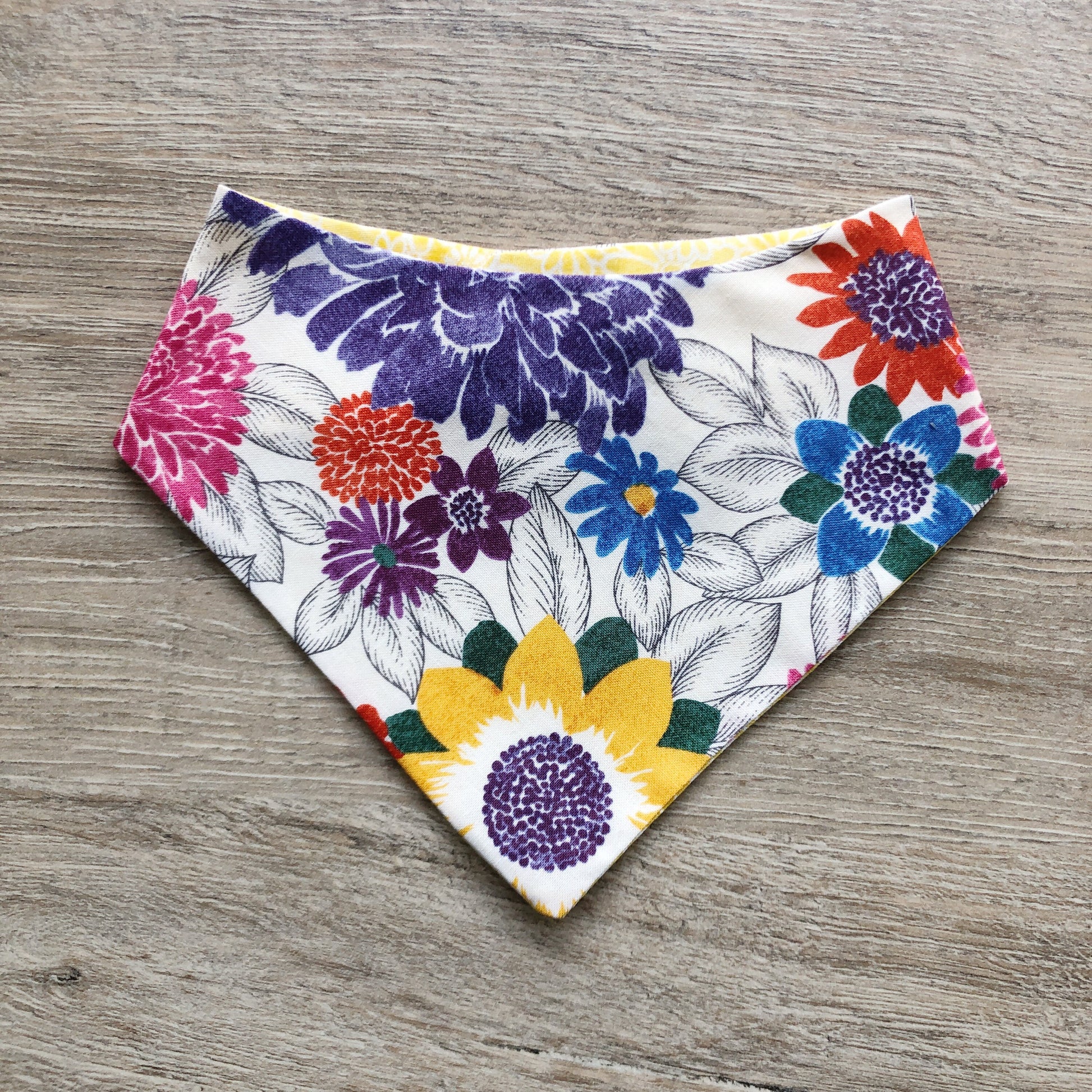 Floral and Yellow Dog Bandana, Pet Scarf, snaps on, tie on, Season bandana, spring bandana, pom pom bandana, pet bandana