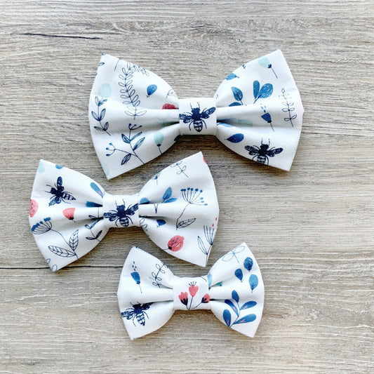 Floral Dog Bow Tie, White and Blue Spring Pet Collar Accessory