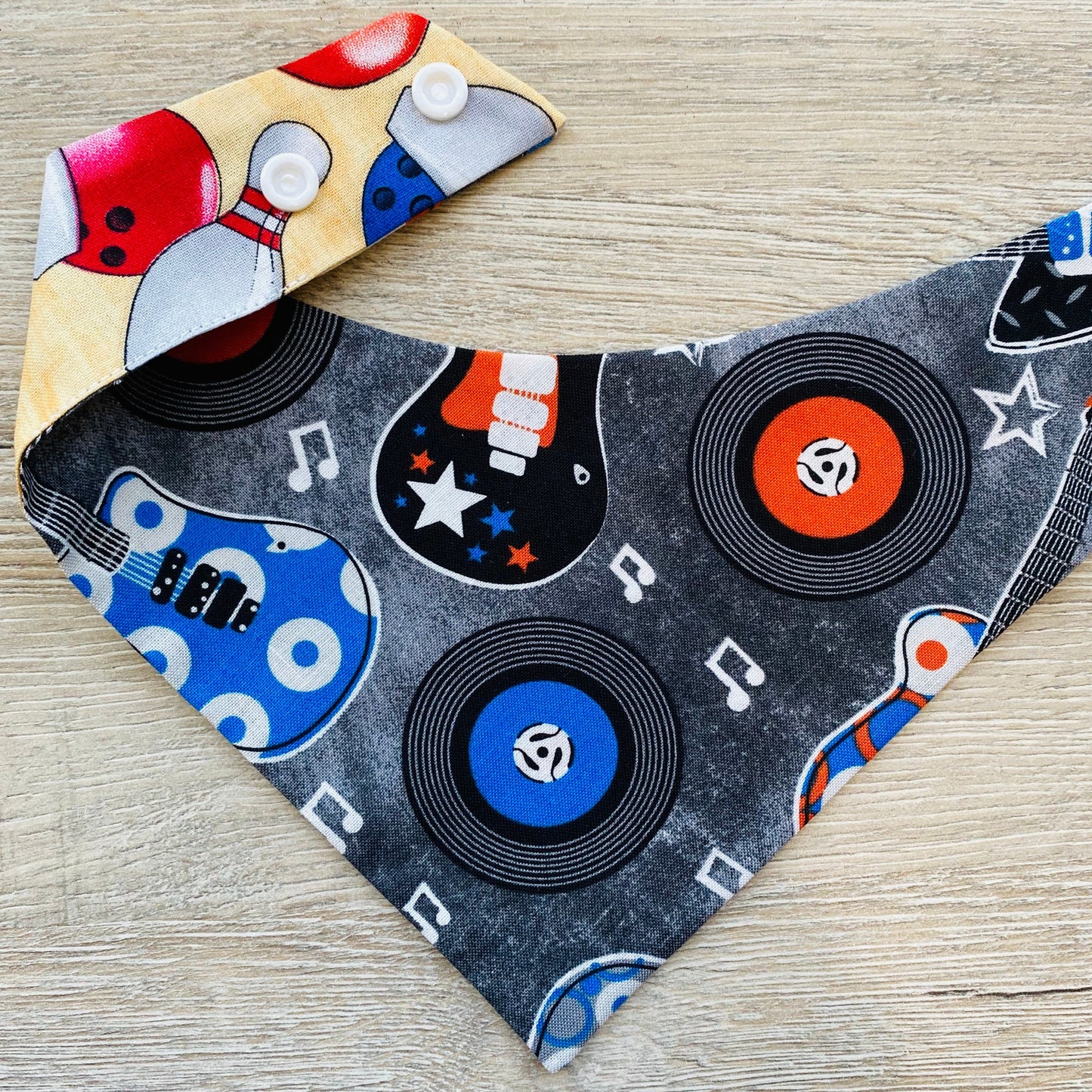 Rock and Roll Pet Bandana, Reversible Snap-On Dog Scarf