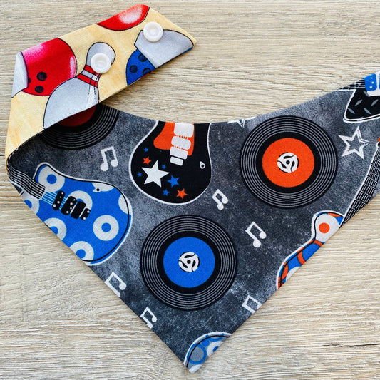 Rock and Roll Pet Bandana, Reversible Snap-On Dog Scarf