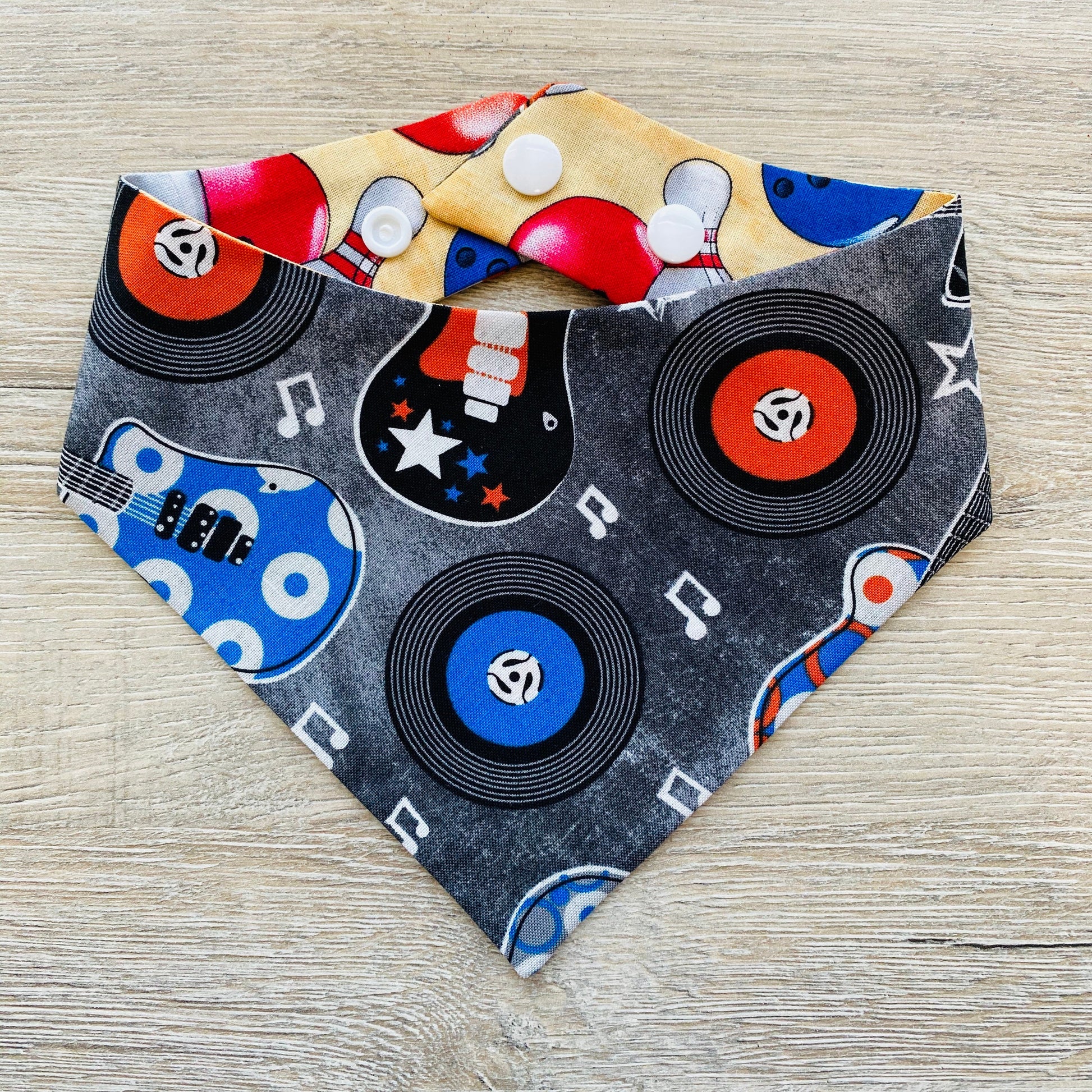 Rock and Roll Pet Bandana, Reversible Snap-On Dog Scarf