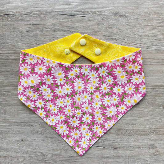 Pink Daisy Flower, Dog Bandana, Pet Scarf, snaps on, tie on, Season bandana, Tassel bandana, pom pom bandana, pet bandana