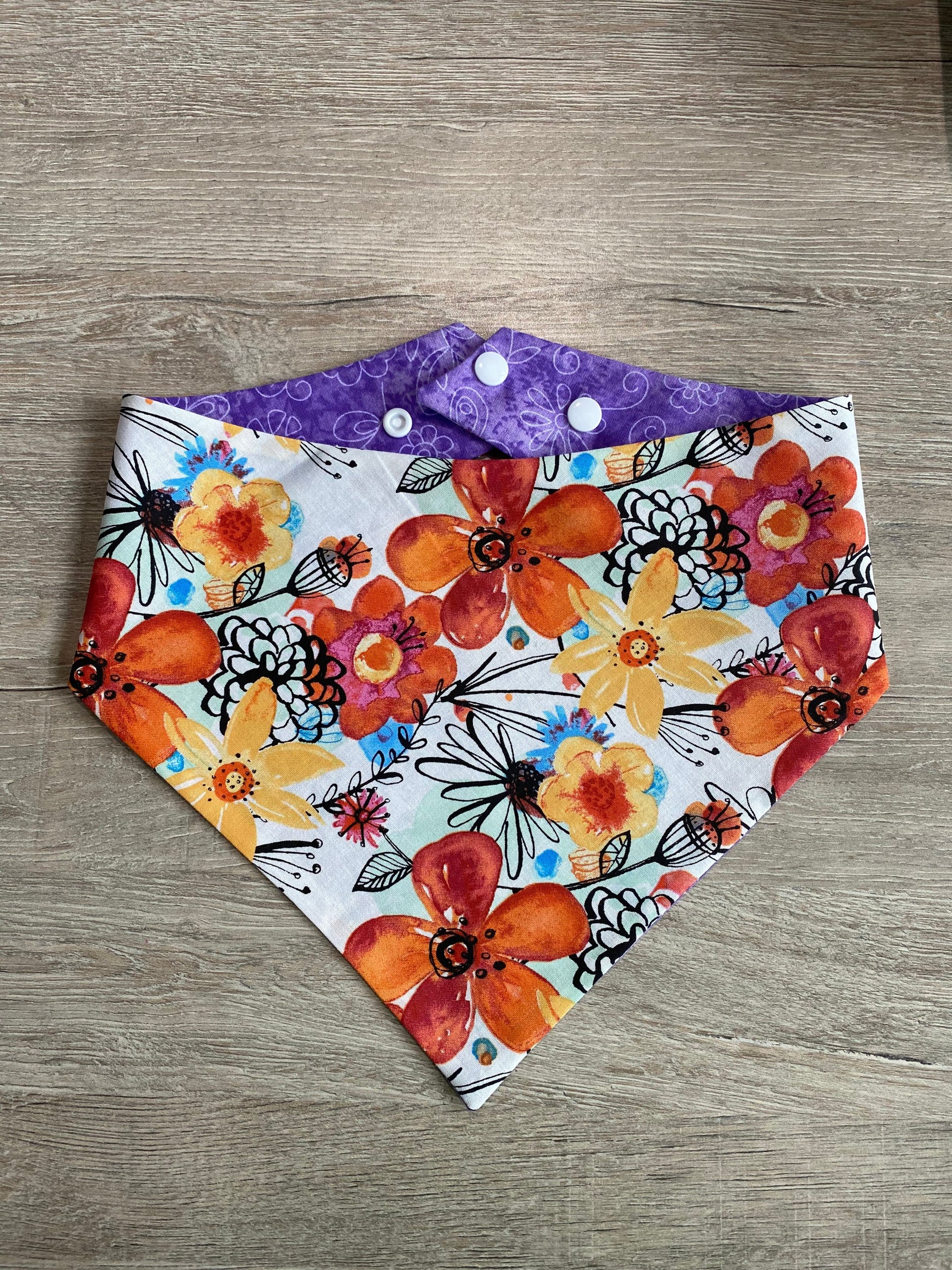 Reversible Floral Dog Bandana, Snaps or Tie On, Pet Scarf