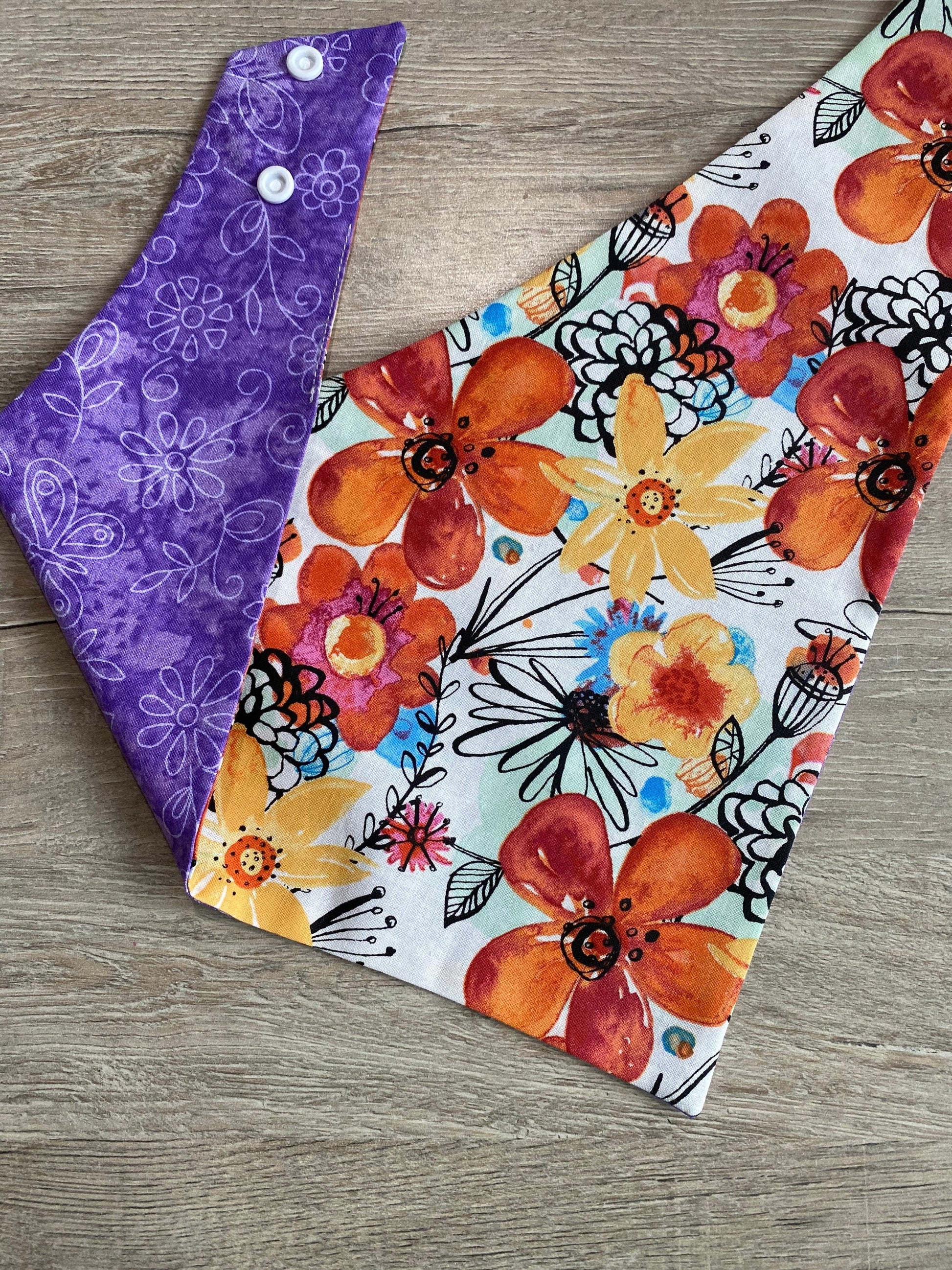 Reversible Floral Dog Bandana, Snaps or Tie On, Pet Scarf