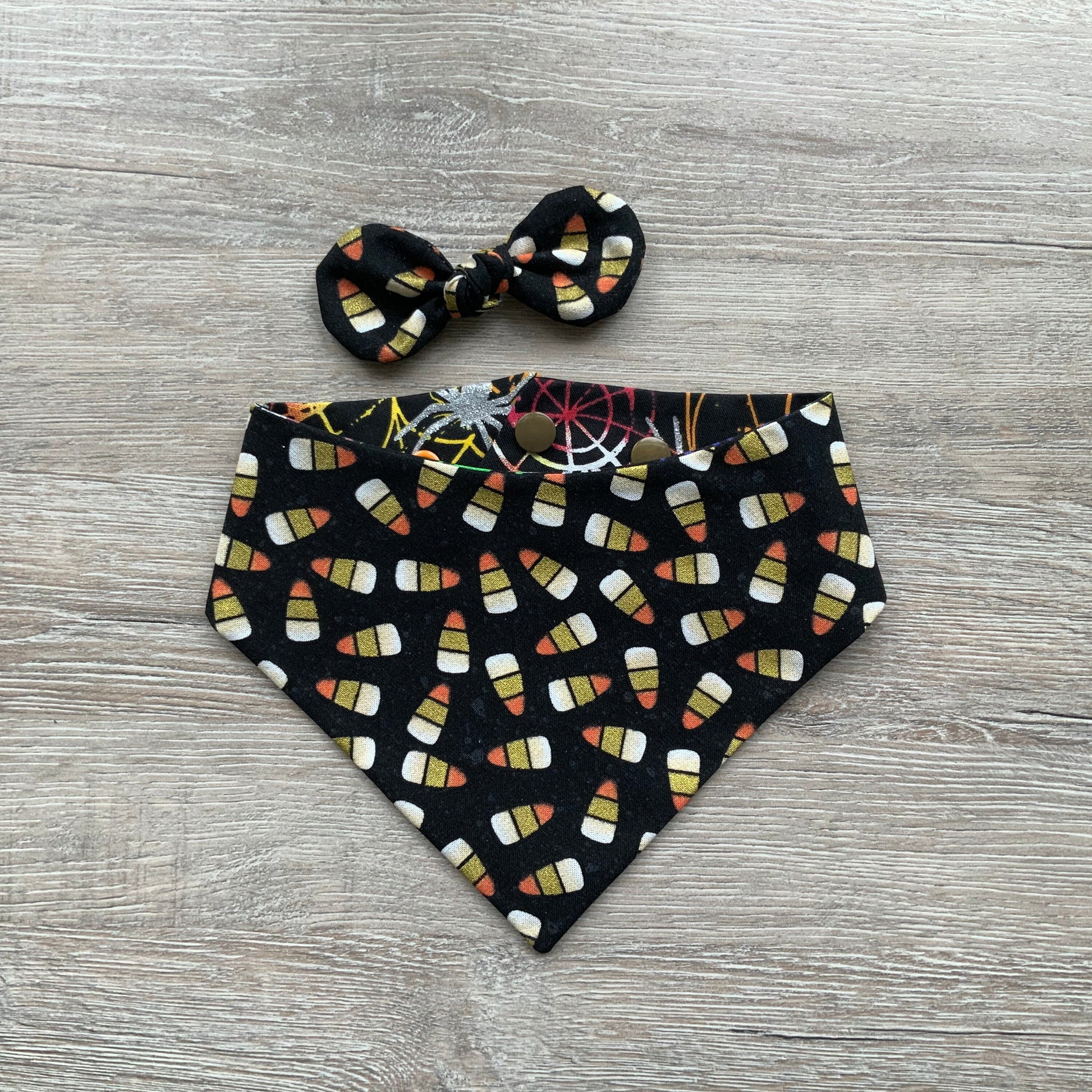 Halloween Dog Bandana, Candy Corn Spider Web, Snap-On Puppy Bandana