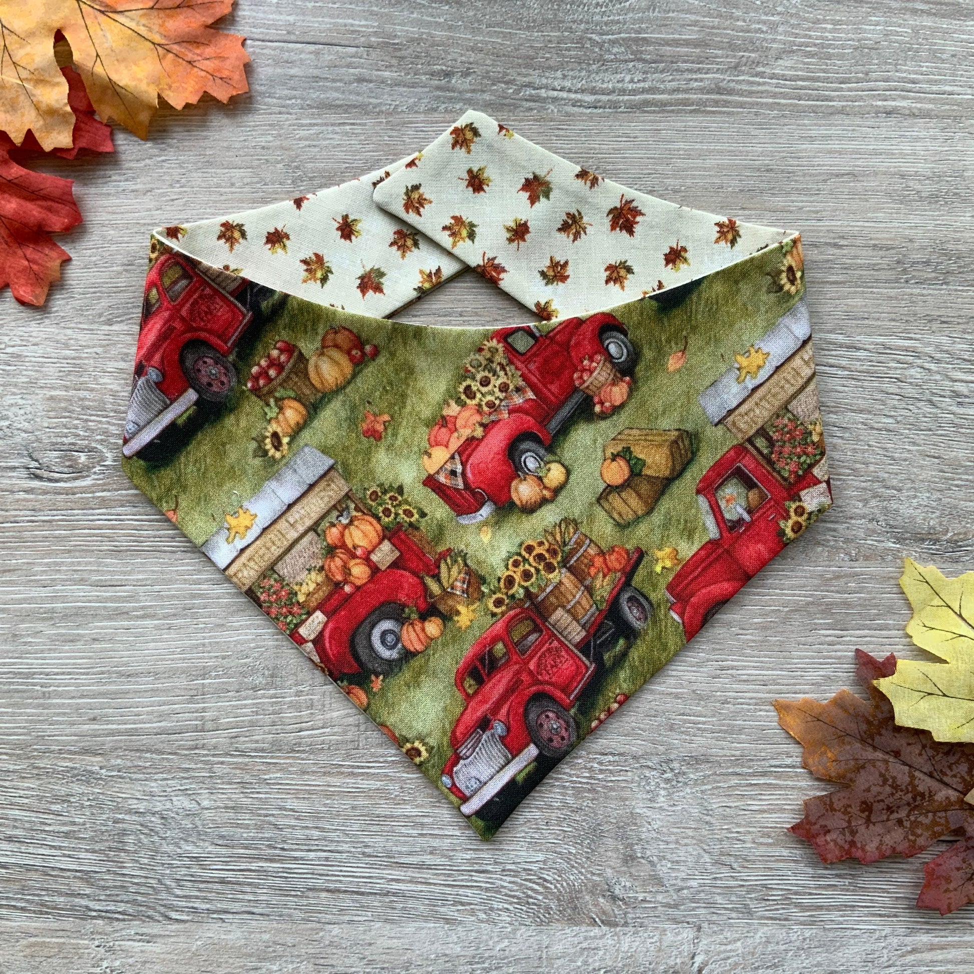 Autumn Trucks Dog Bandana, Fall Puppy Bandana, Reversible Snap-On