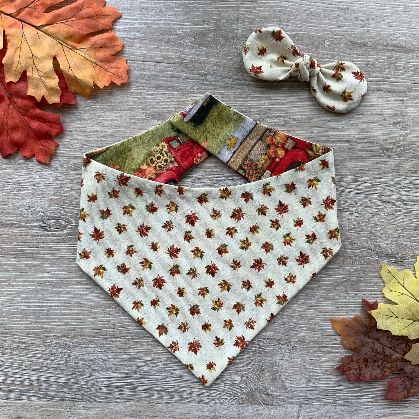 Autumn Trucks Dog Bandana, Fall Puppy Bandana, Reversible Snap-On