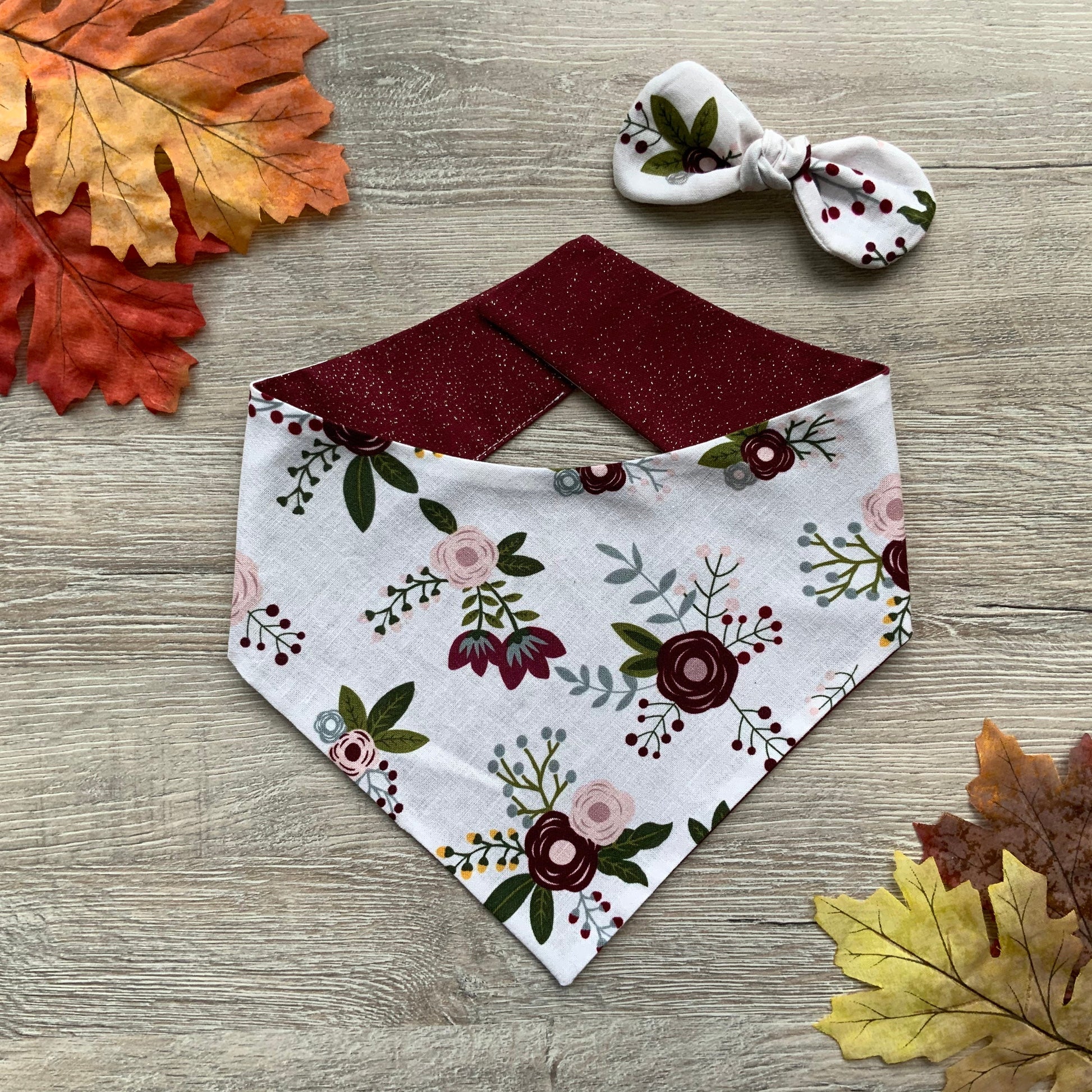 Burgundy Floral Dog Bandana, Snap-On Pet Accessory