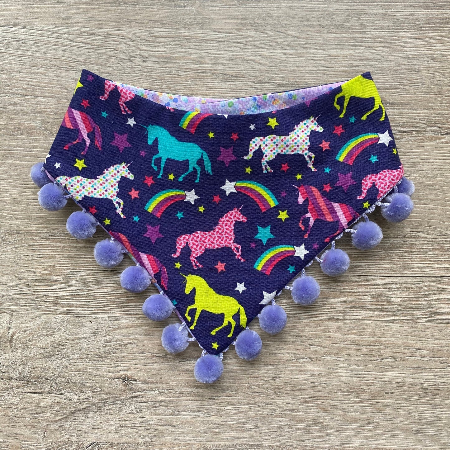 Unicorn Dog Bandana, Reversible Pet Scarf with Pom Poms