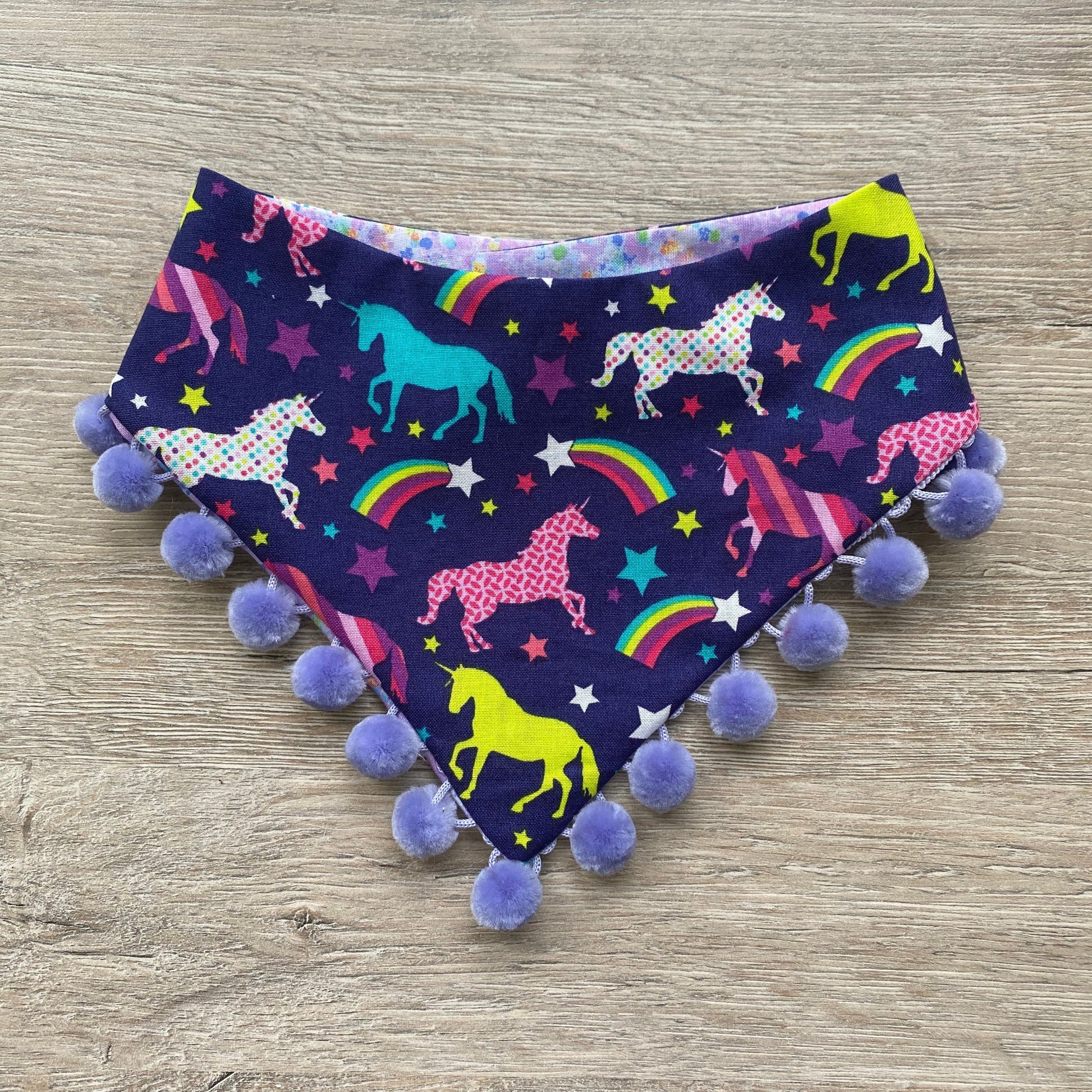 Unicorn Dog Bandana, Reversible Pet Scarf with Pom Poms