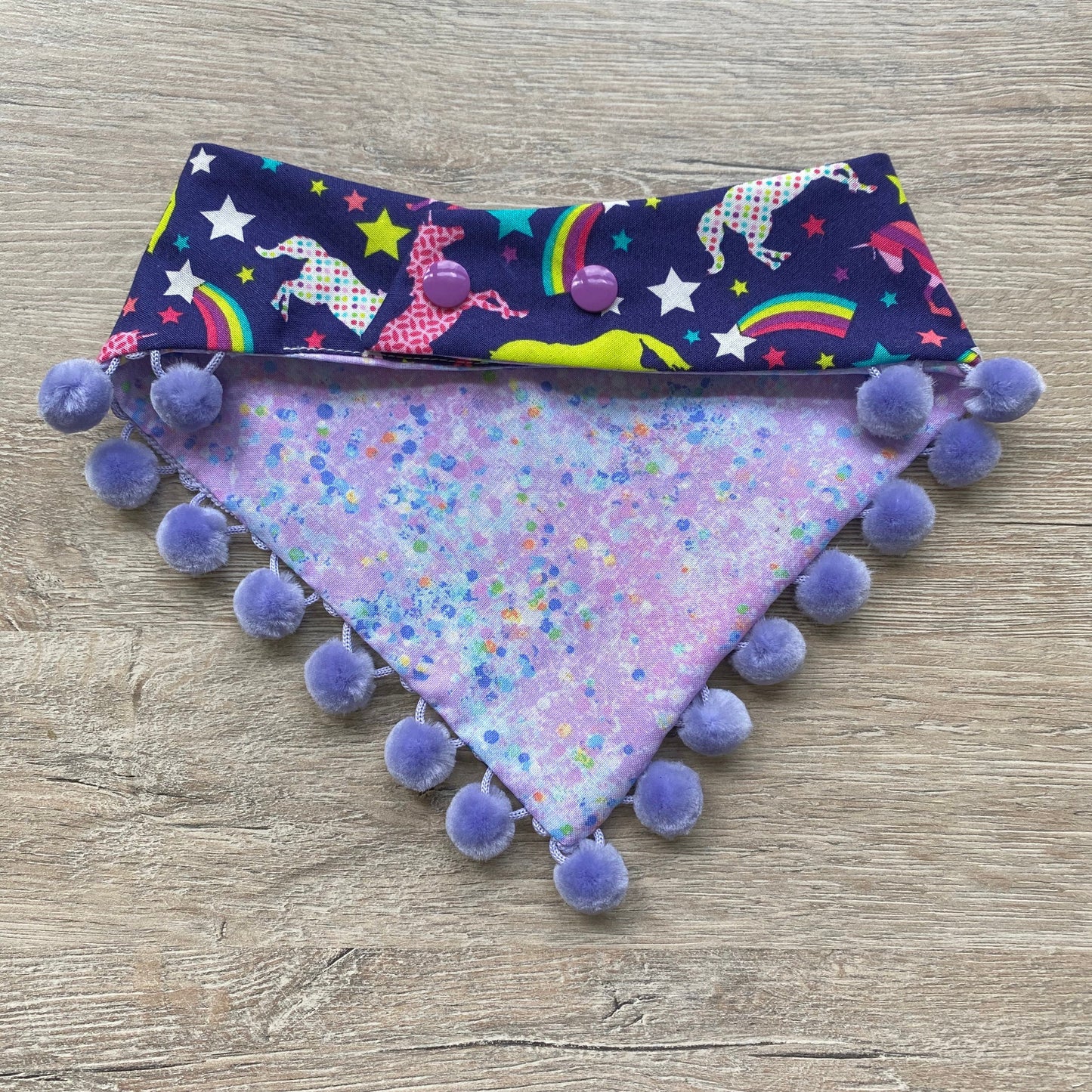 Unicorn Dog Bandana, Reversible Pet Scarf with Pom Poms